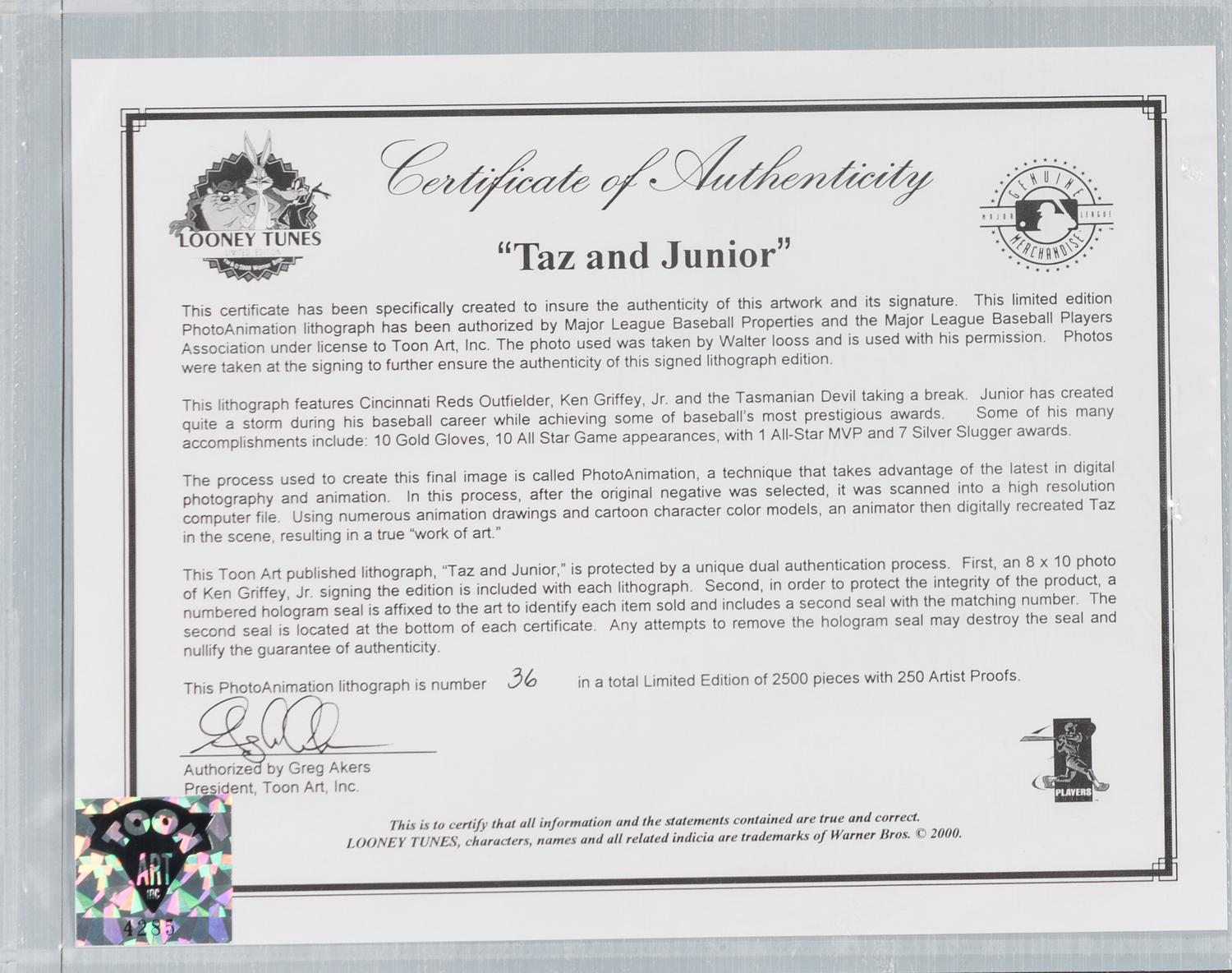 A Ken Griffey Jr. Signed Autograph "Taz and Junior" Display,