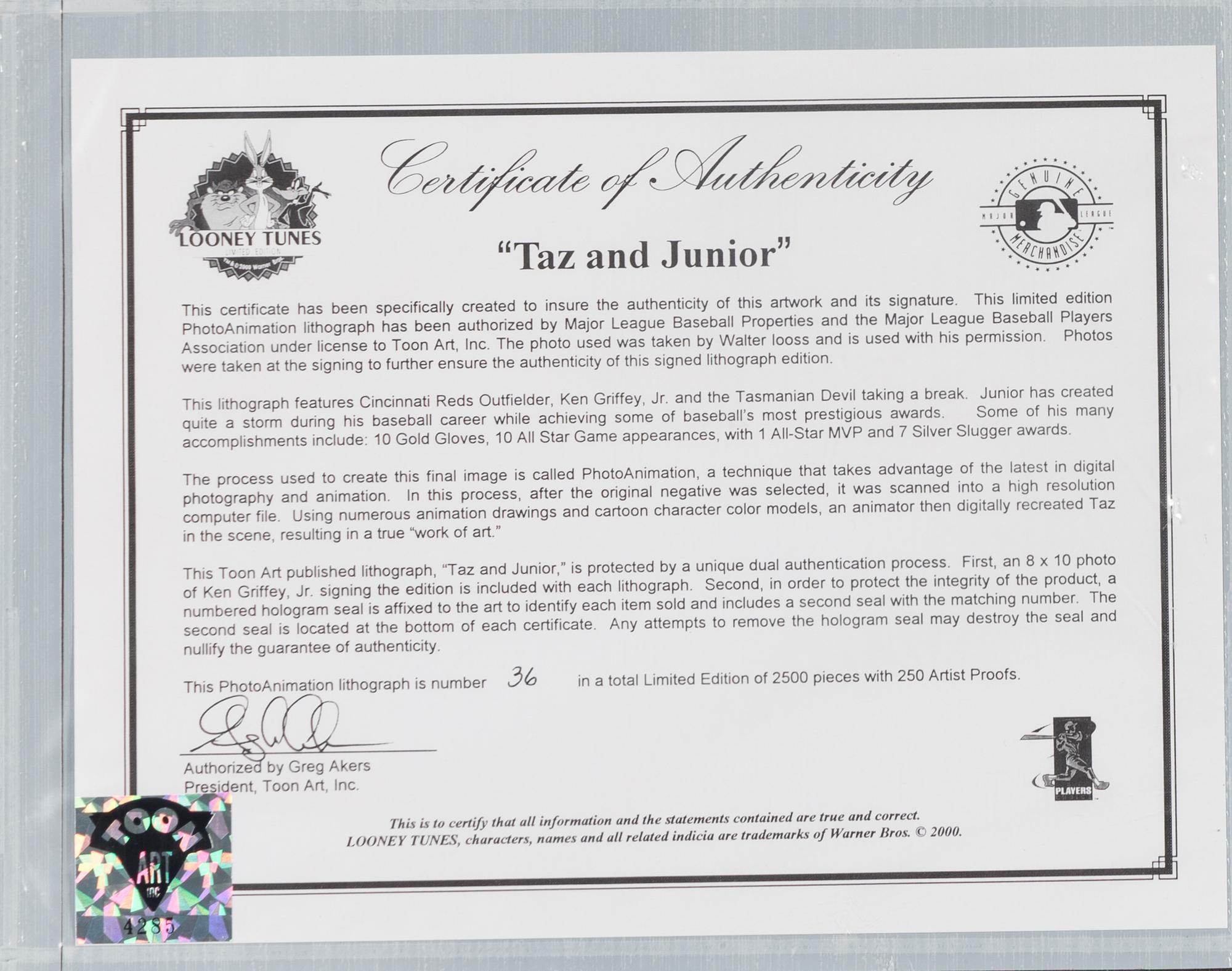 A Ken Griffey Jr. Signed Autograph "Taz and Junior" Display,
