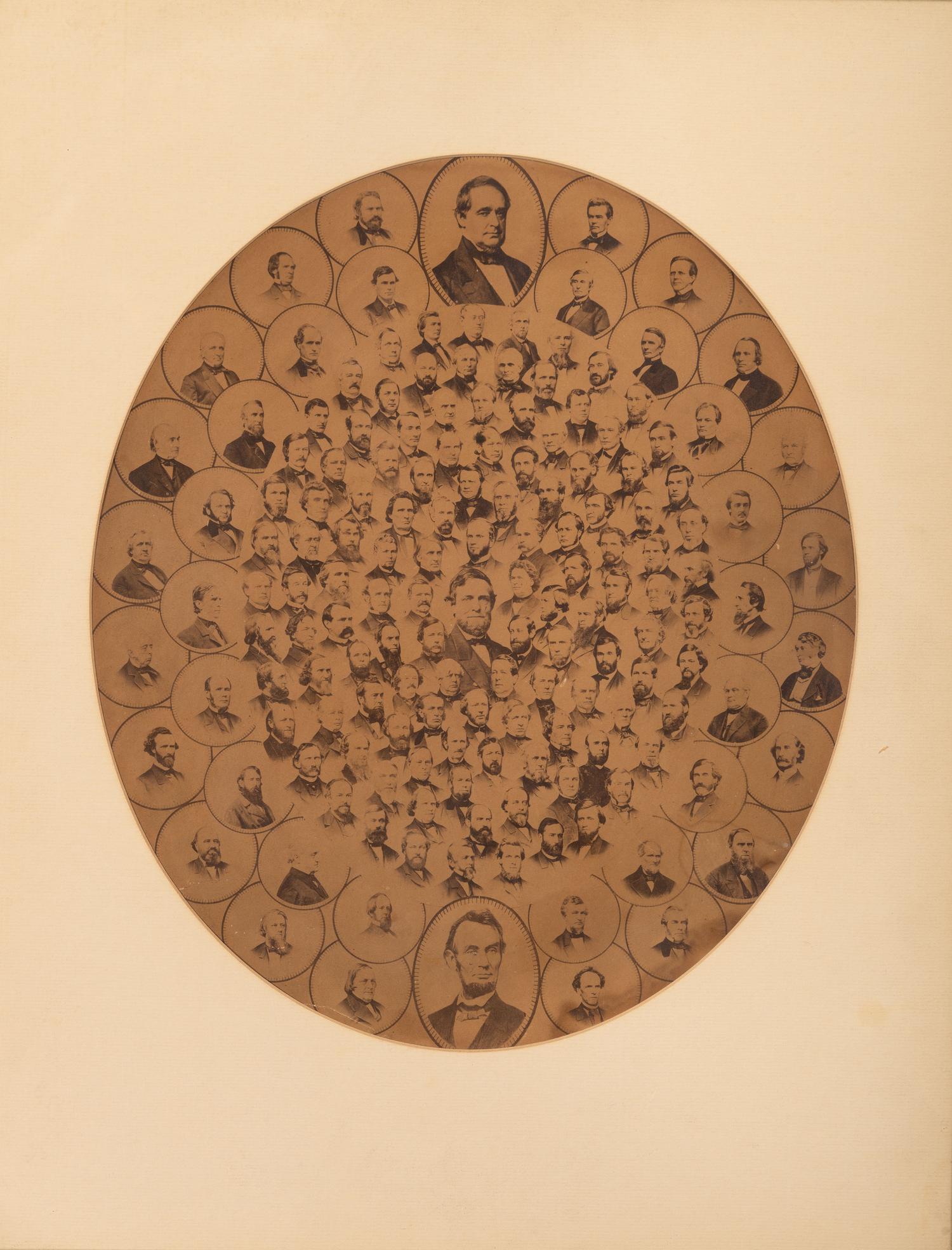 [POLITICS] -- [SLAVERY & ABOLITION]. Composite photograph featuring signers of the 13th Amendment, incl. Abraham Lincoln. [New York]: [Powell & Co.], [1865].