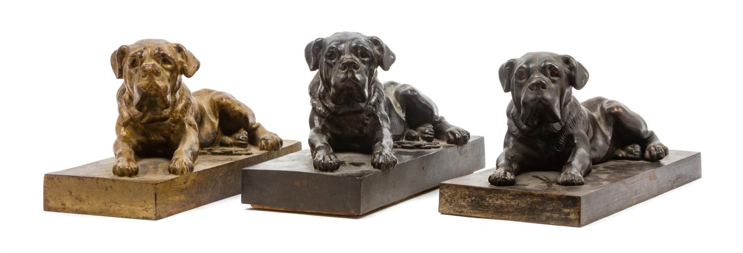 A Group of Three Bronze Mastiffs Width 10 1/2 inches.