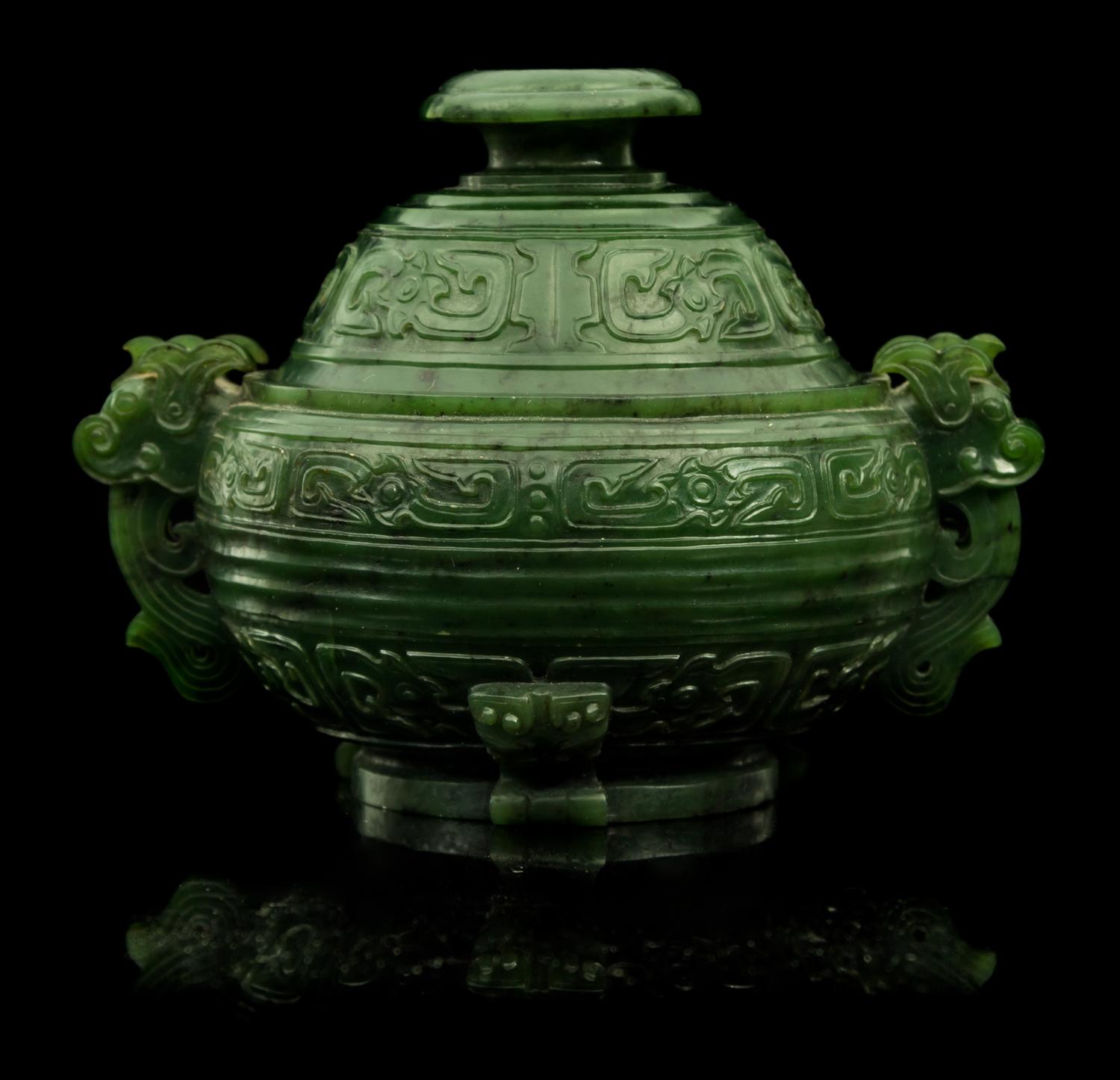 A Spinach Jade Censer Height 4 inches.