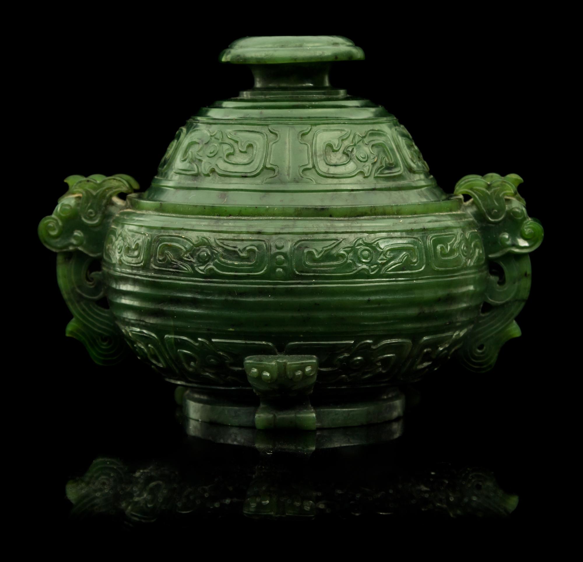A Spinach Jade Censer Height 4 inches.