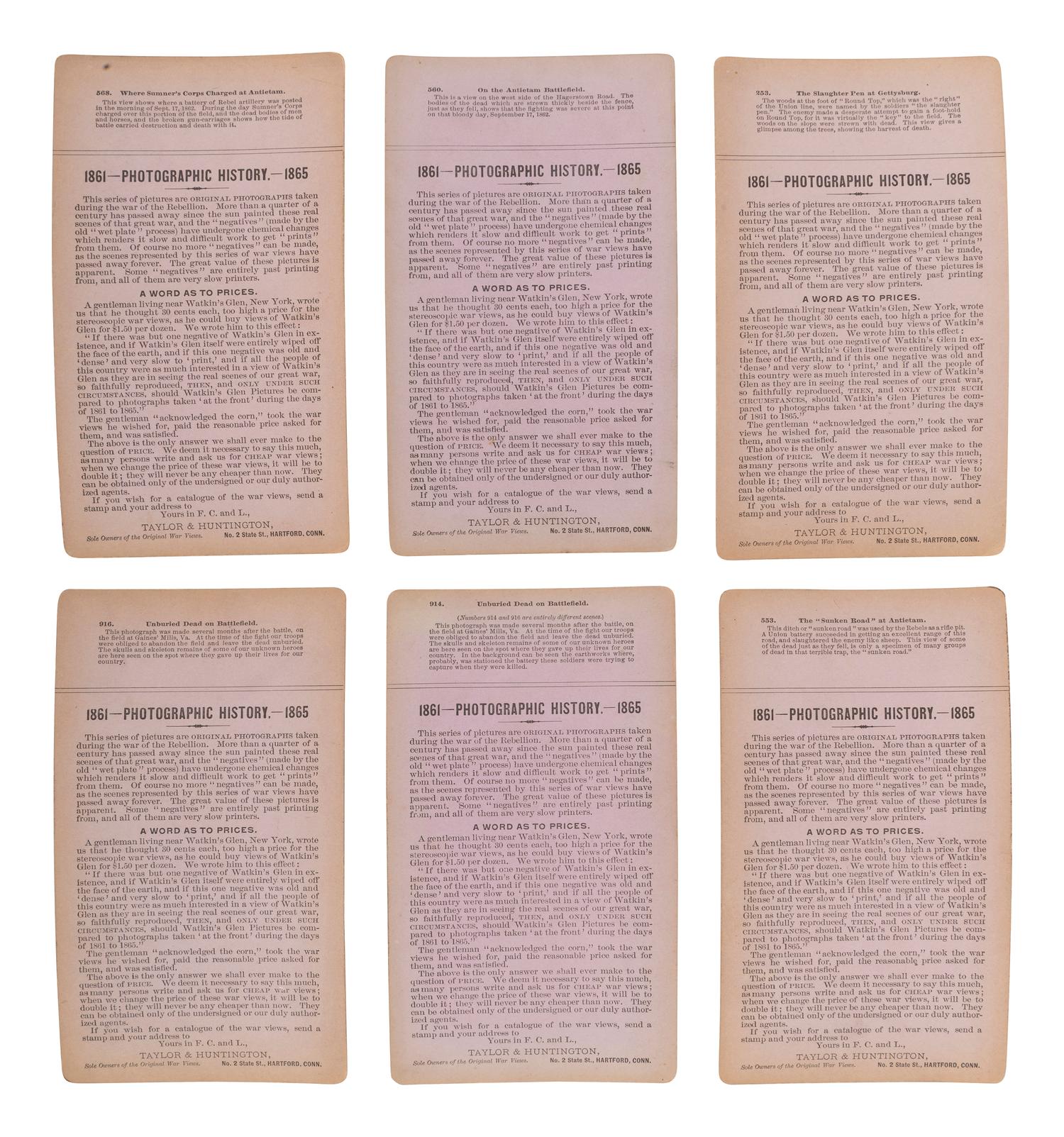 [CIVIL WAR]. A group of 12 stereoviews featuring Union and Confederate dead at Gettysburg, Antietam, and other battlefields. Hartford, CT: Taylor & Huntington, ca 1890s.