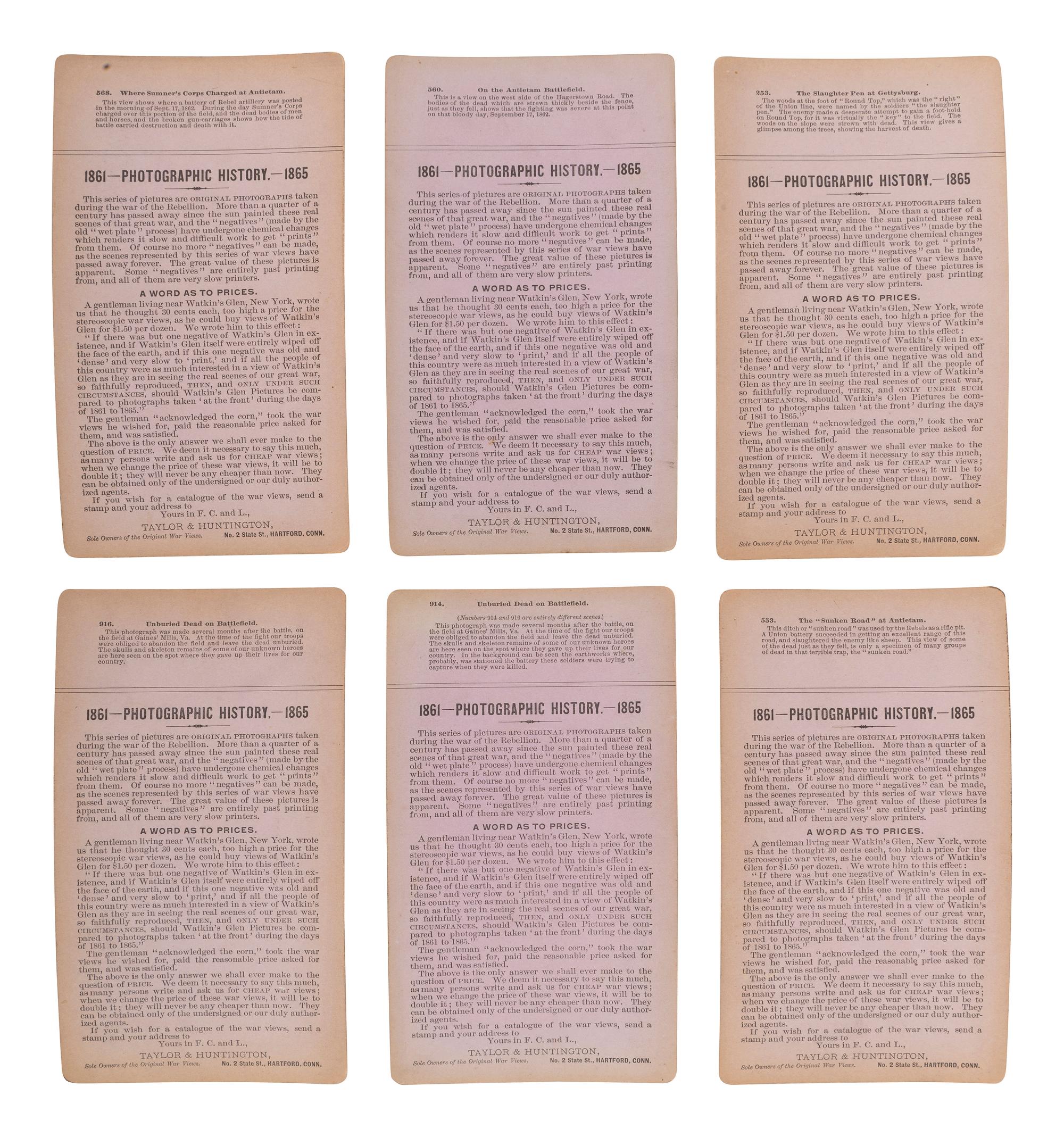 [CIVIL WAR]. A group of 12 stereoviews featuring Union and Confederate dead at Gettysburg, Antietam, and other battlefields. Hartford, CT: Taylor & Huntington, ca 1890s.