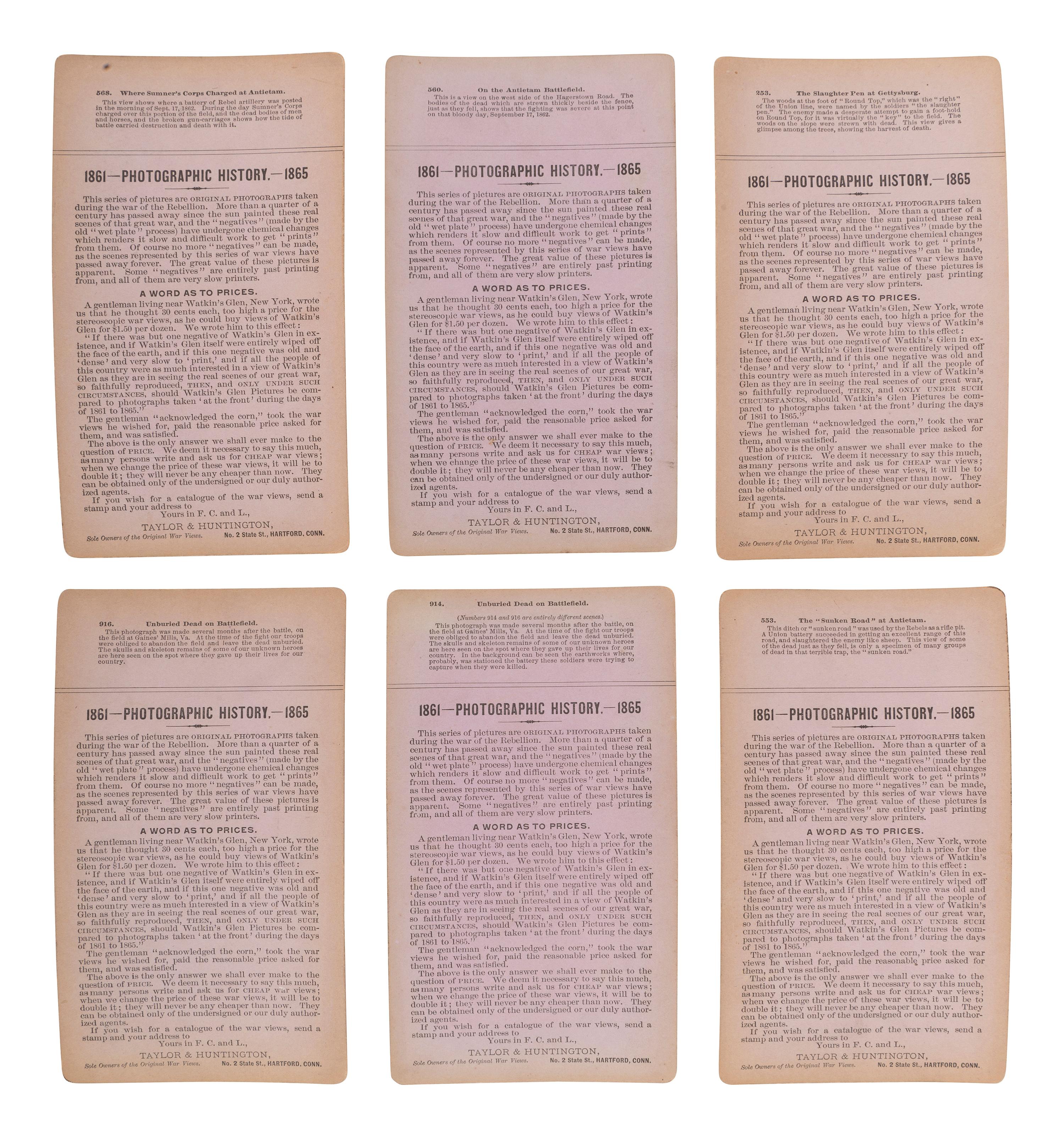 [CIVIL WAR]. A group of 12 stereoviews featuring Union and Confederate dead at Gettysburg, Antietam, and other battlefields. Hartford, CT: Taylor & Huntington, ca 1890s.