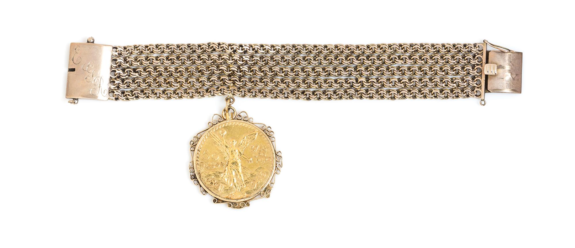 A 14 Karat Yellow Gold Bracelet with a Mexico 50 Pesos Gold Coin Charm, 66.80 dwts.