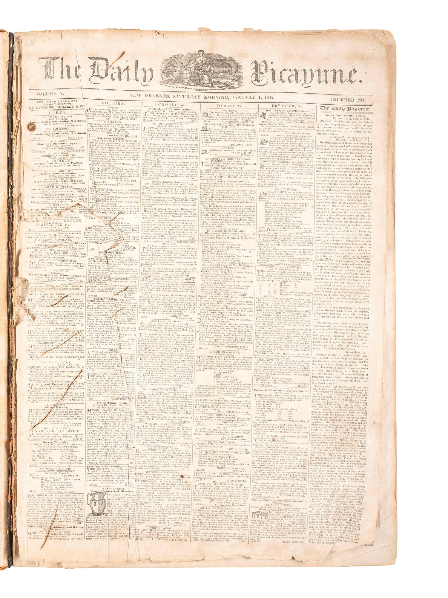 [LOUISIANA -- SLAVERY & ABOLITION]. The Daily Picayune. 763 issues in 5 bound volumes. New Orleans, LA: Lumsden, Kendall, & Co., 1842, 1843, 1848, 1851, 1852.