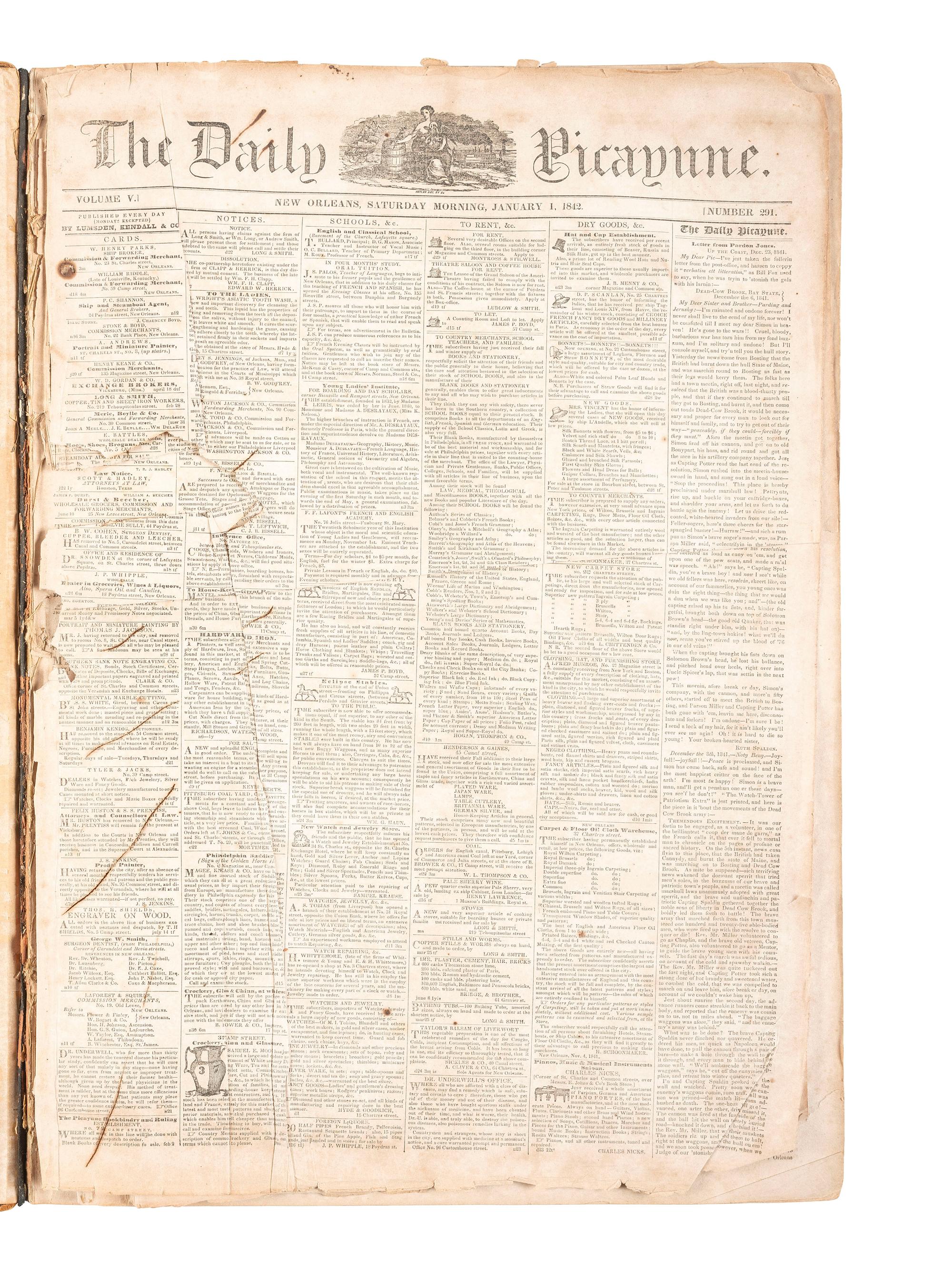 [LOUISIANA -- SLAVERY & ABOLITION]. The Daily Picayune. 763 issues in 5 bound volumes. New Orleans, LA: Lumsden, Kendall, & Co., 1842, 1843, 1848, 1851, 1852.