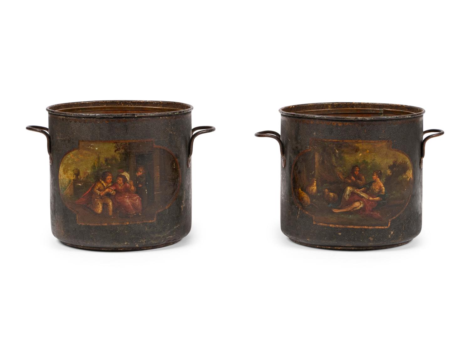 A Pair of French Painted Tole Cache Pots