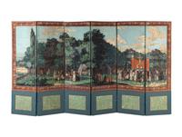 A French Hand-Painted Panoramic Wallpaper Mounted on a Six-Panel Screen
