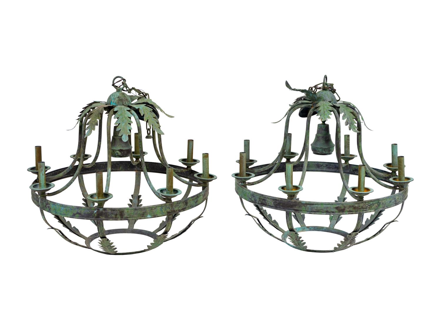 A Pair of Italian Baroque Style Green Patinated Iron Eight-Light Chandeliers — 20TH CENTURY