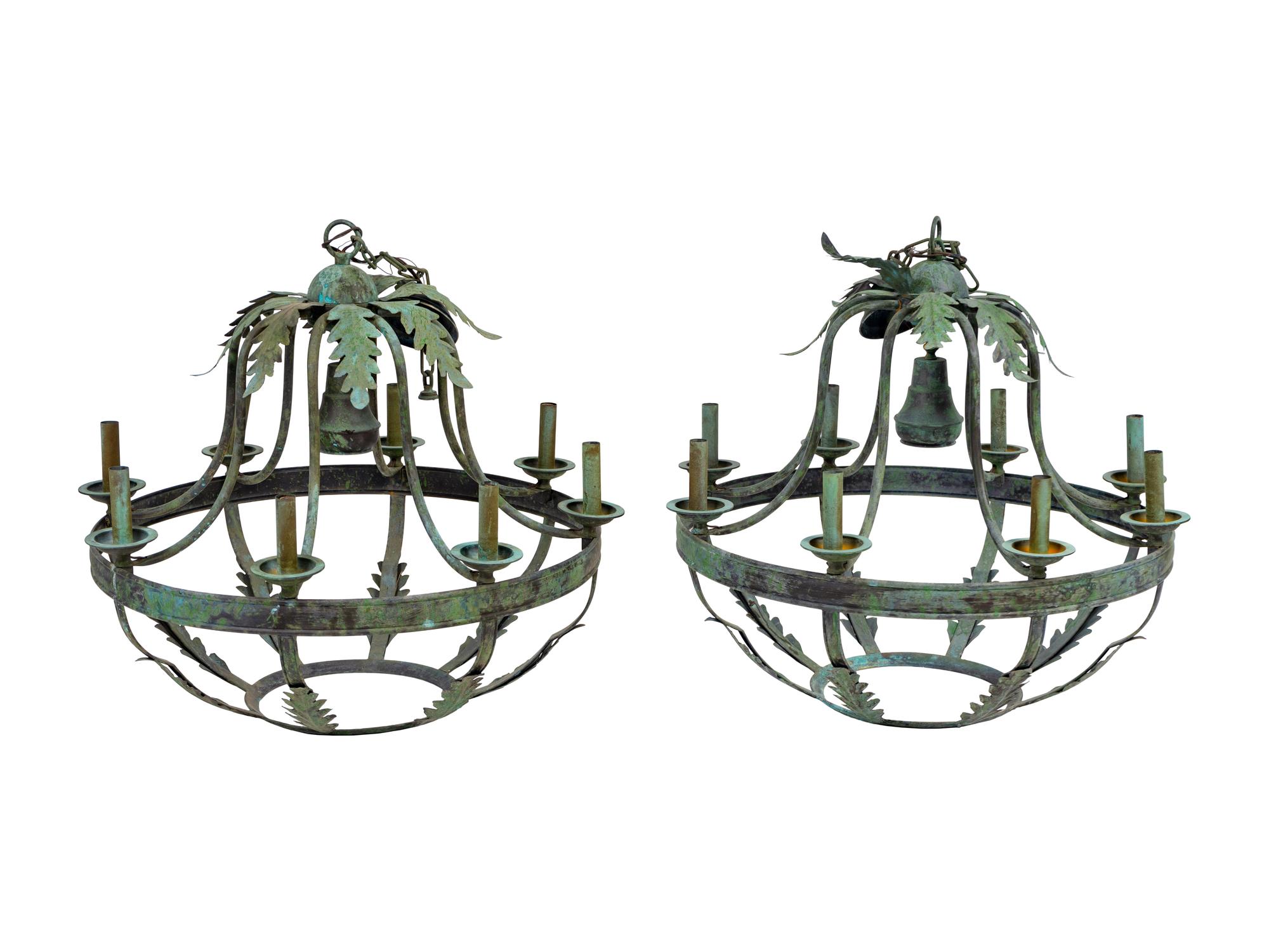 A Pair of Italian Baroque Style Green Patinated Iron Eight-Light Chandeliers — 20TH CENTURY