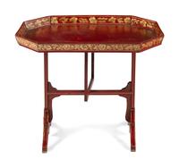 An English Painted and Parcel-Gilt Tilt-Top Tray on Stand