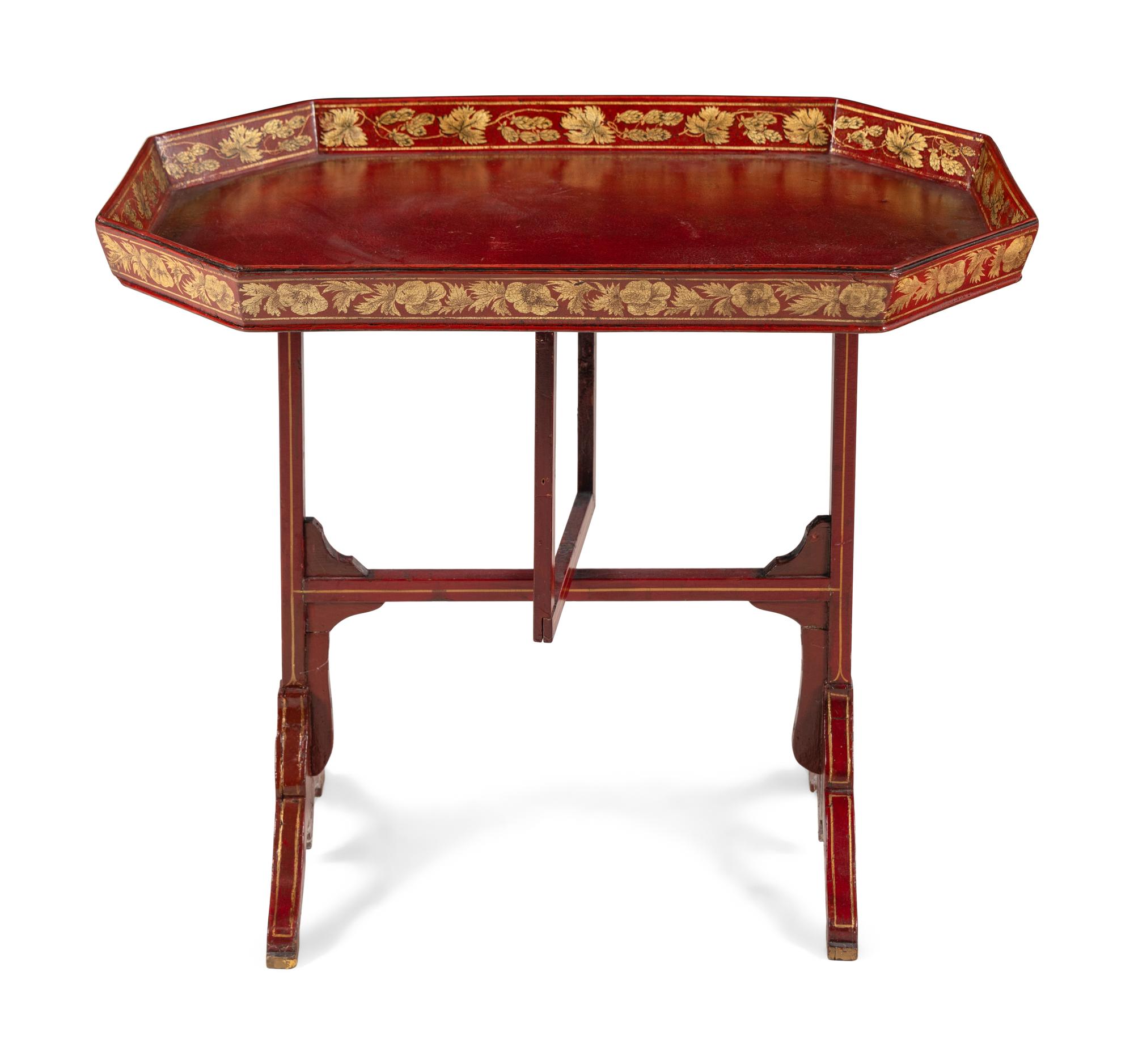 An English Painted and Parcel-Gilt Tilt-Top Tray on Stand