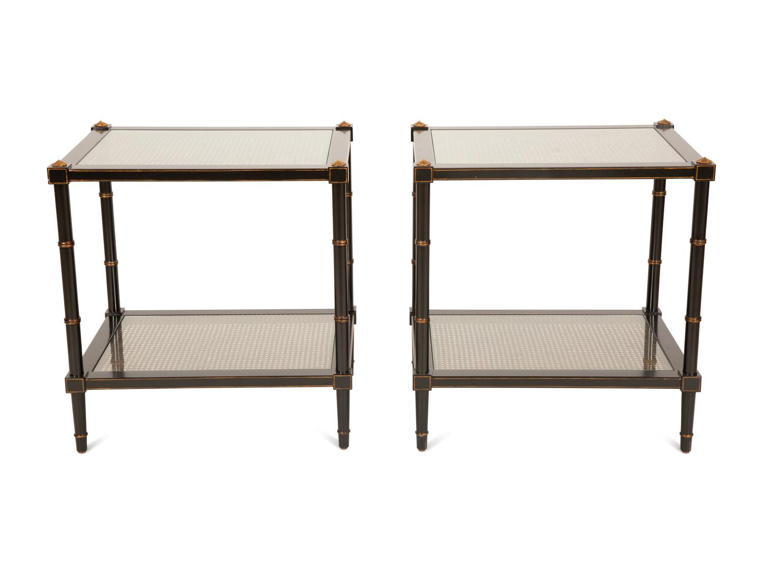 A Pair of Regency Style Ebonized and Gilt Decorated Side Tables