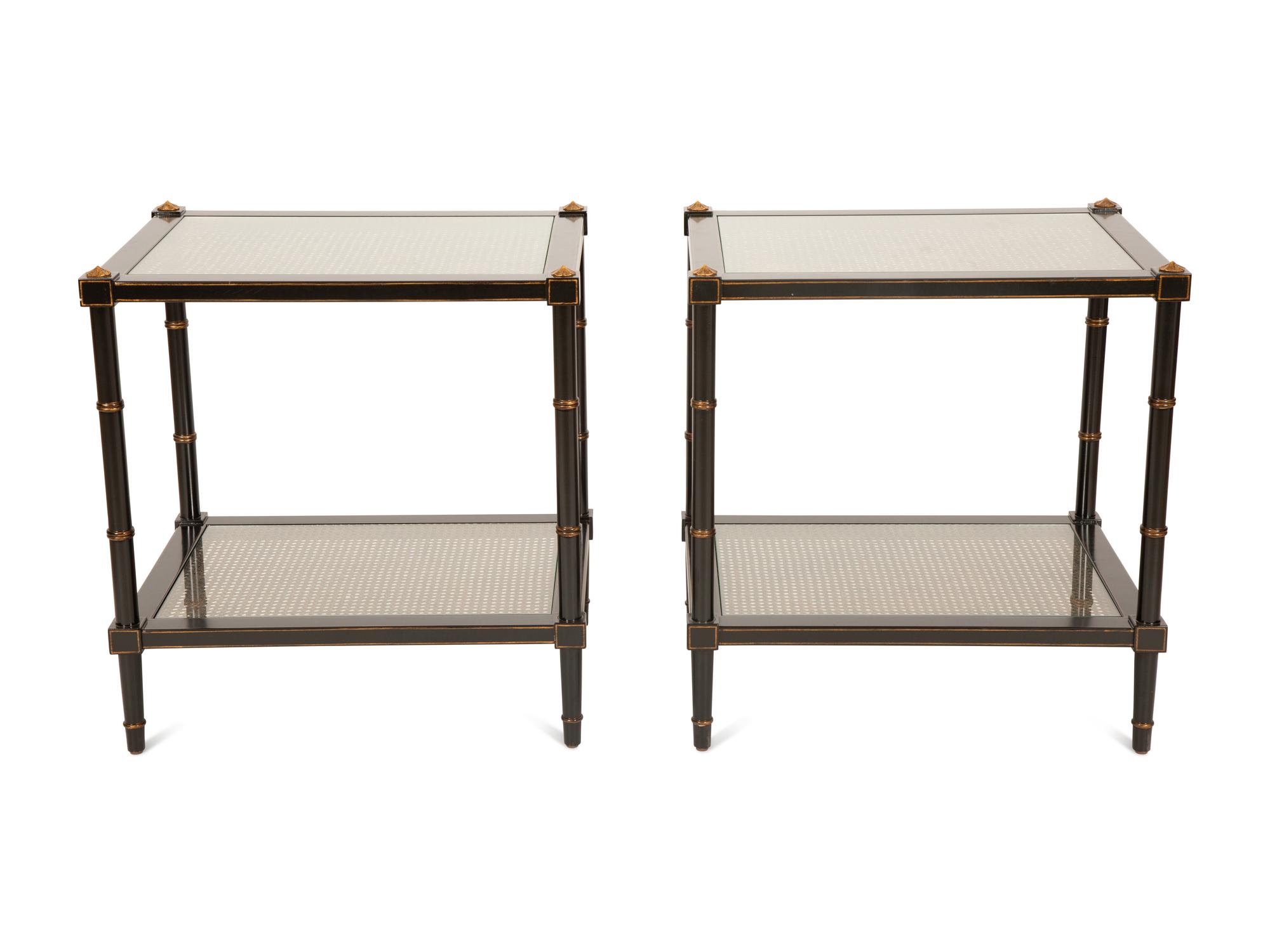 A Pair of Regency Style Ebonized and Gilt Decorated Side Tables