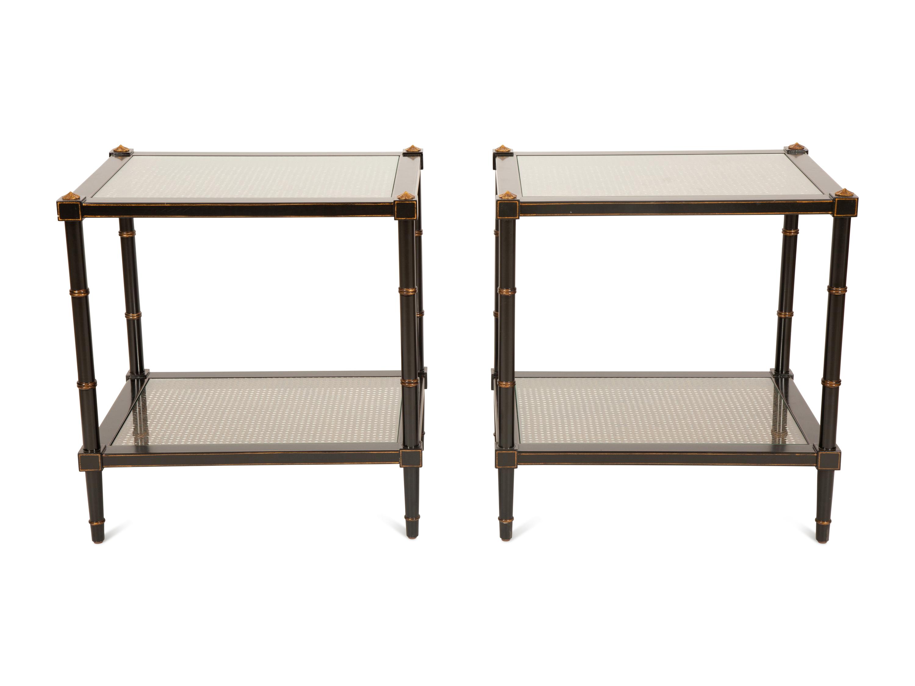 A Pair of Regency Style Ebonized and Gilt Decorated Side Tables
