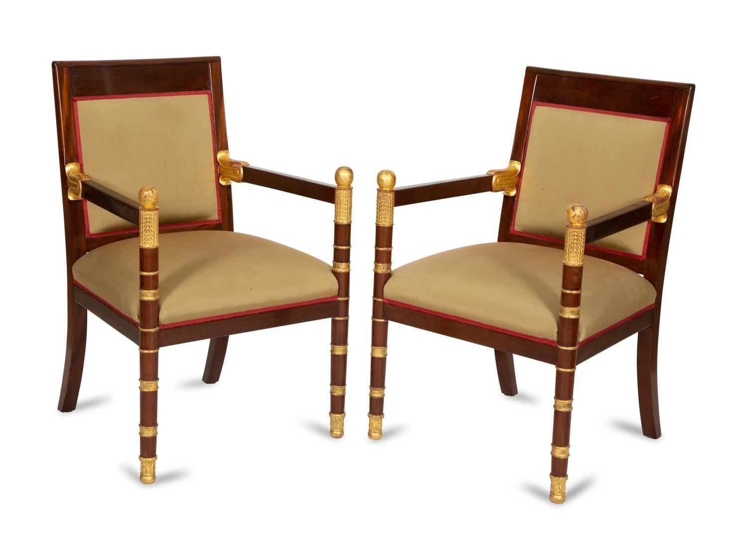 Pair of Empire Style Mahogany and Parcel Gilt Fauteuils