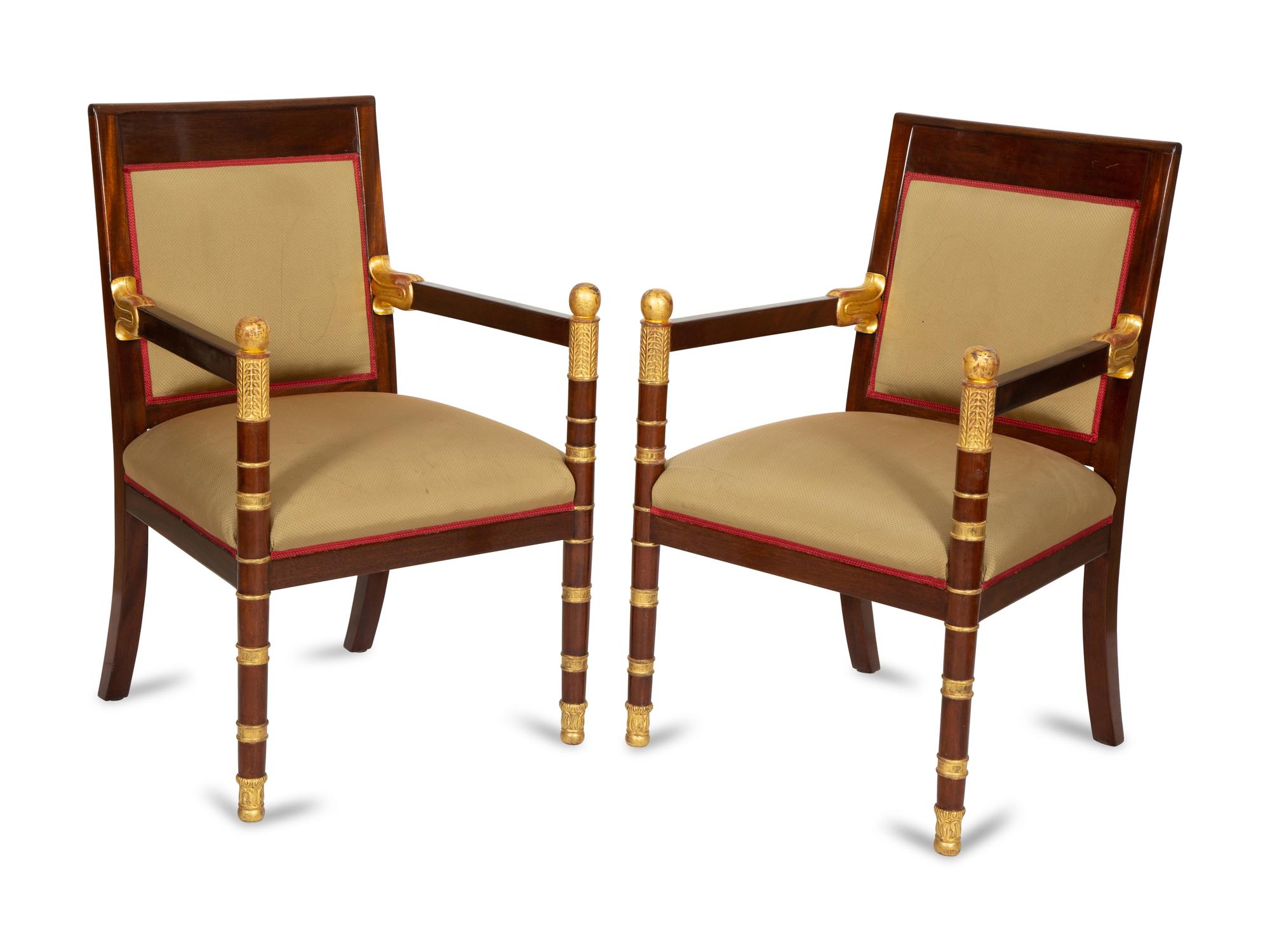 Pair of Empire Style Mahogany and Parcel Gilt Fauteuils