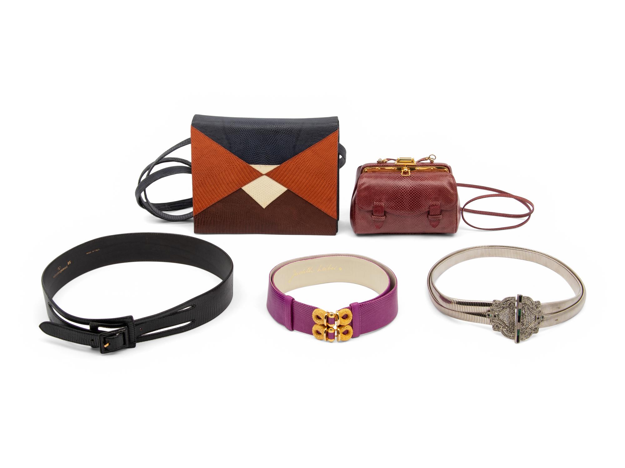 Five Designer Accessories: Three Judith Leiber, One Valentino, One Andrea Pfister, 1980s