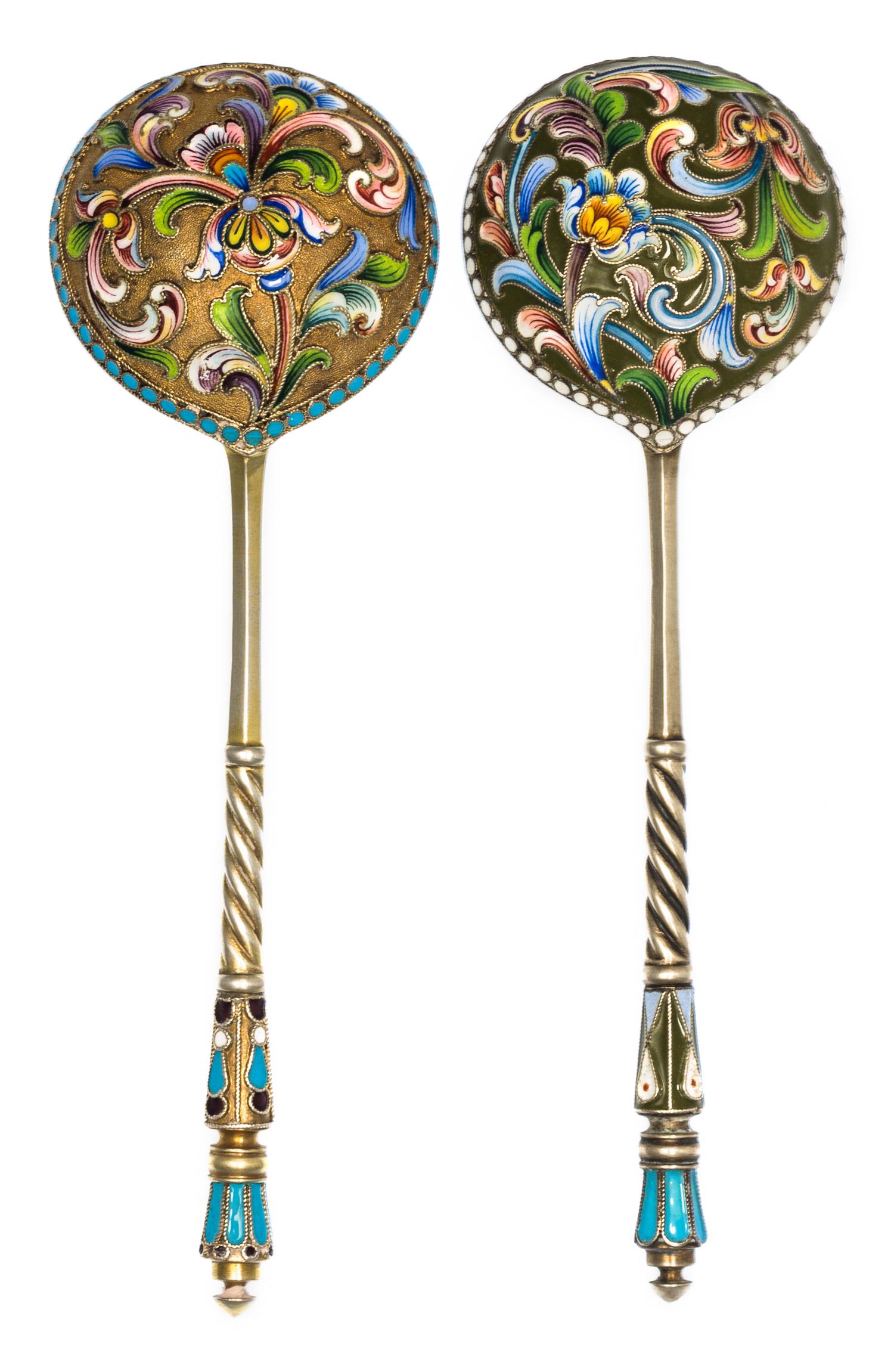 Two Russian Silver-Gilt and Enamel Spoons, Mark of Maria Semenova, kokoshnik mark of Ivan Lebedkin, Moscow, late 19th/early 20th centur
