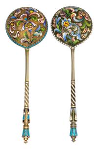 Two Russian Silver-Gilt and Enamel Spoons, Mark of Maria Semenova, kokoshnik mark of Ivan Lebedkin, Moscow, late 19th/early 20th centur