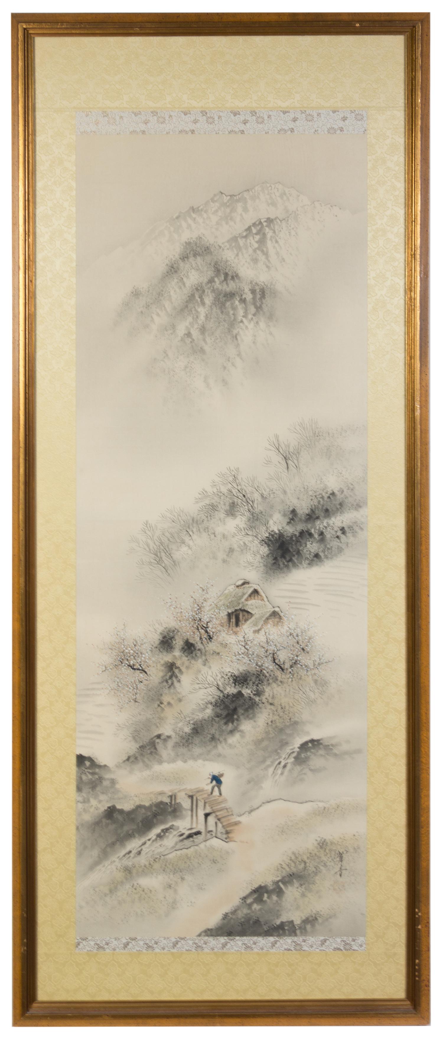 Two Japanese Ink and Color Paintings Height 54 1/4 x width 22 1/2 inches (framed).
