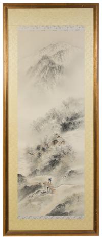 Two Japanese Ink and Color Paintings Height 54 1/4 x width 22 1/2 inches (framed).