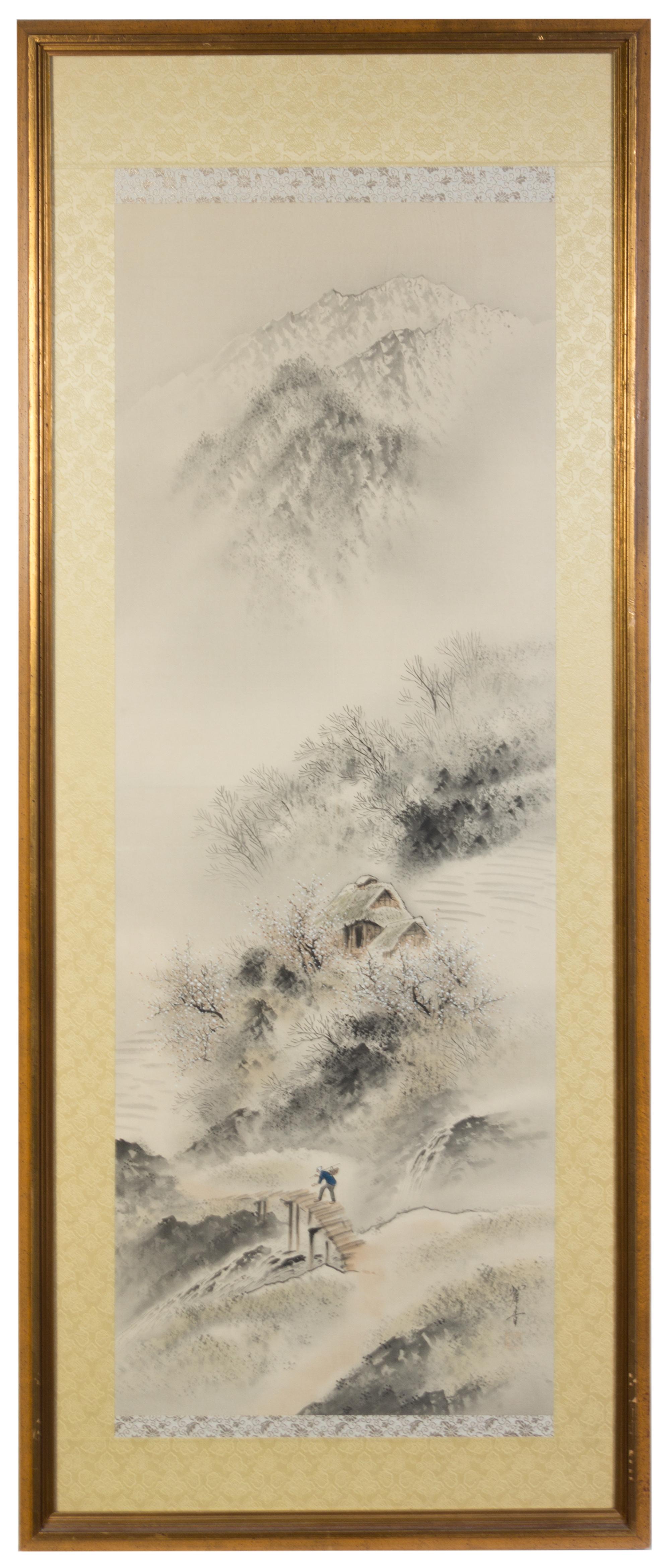 Two Japanese Ink and Color Paintings Height 54 1/4 x width 22 1/2 inches (framed).