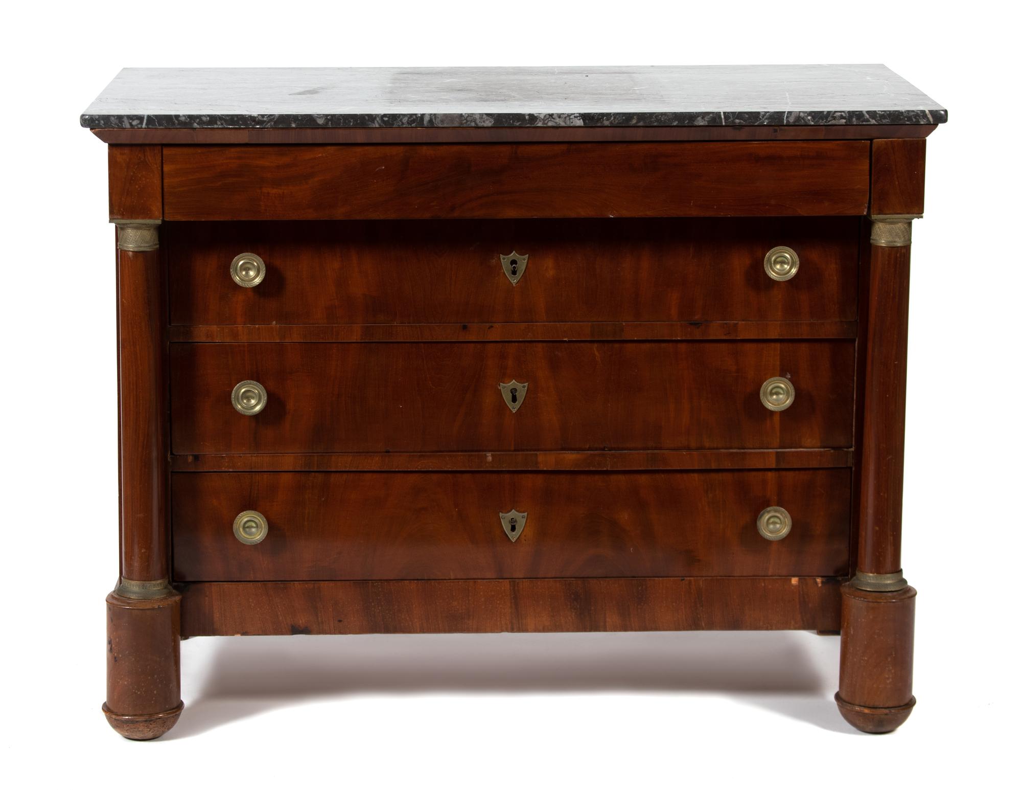 A French Empire Style Mahogany Marble Top Chest Height 36 x width 47 x depth 23 inches. — SECOND QUARTER 19TH CENTURY