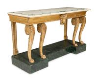 A Palladian Revival Giltwood, Inlaid Marble and Faux Marble-Painted Console Table