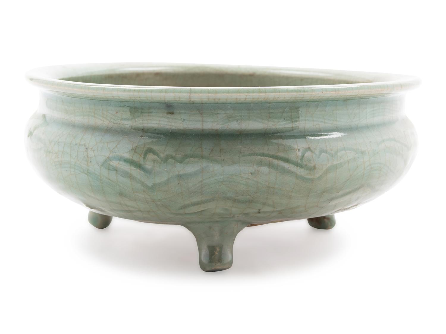 A Large Longquan Celadon Glazed Porcelain Tripod Incense Burner