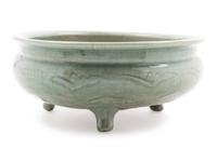 A Large Longquan Celadon Glazed Porcelain Tripod Incense Burner