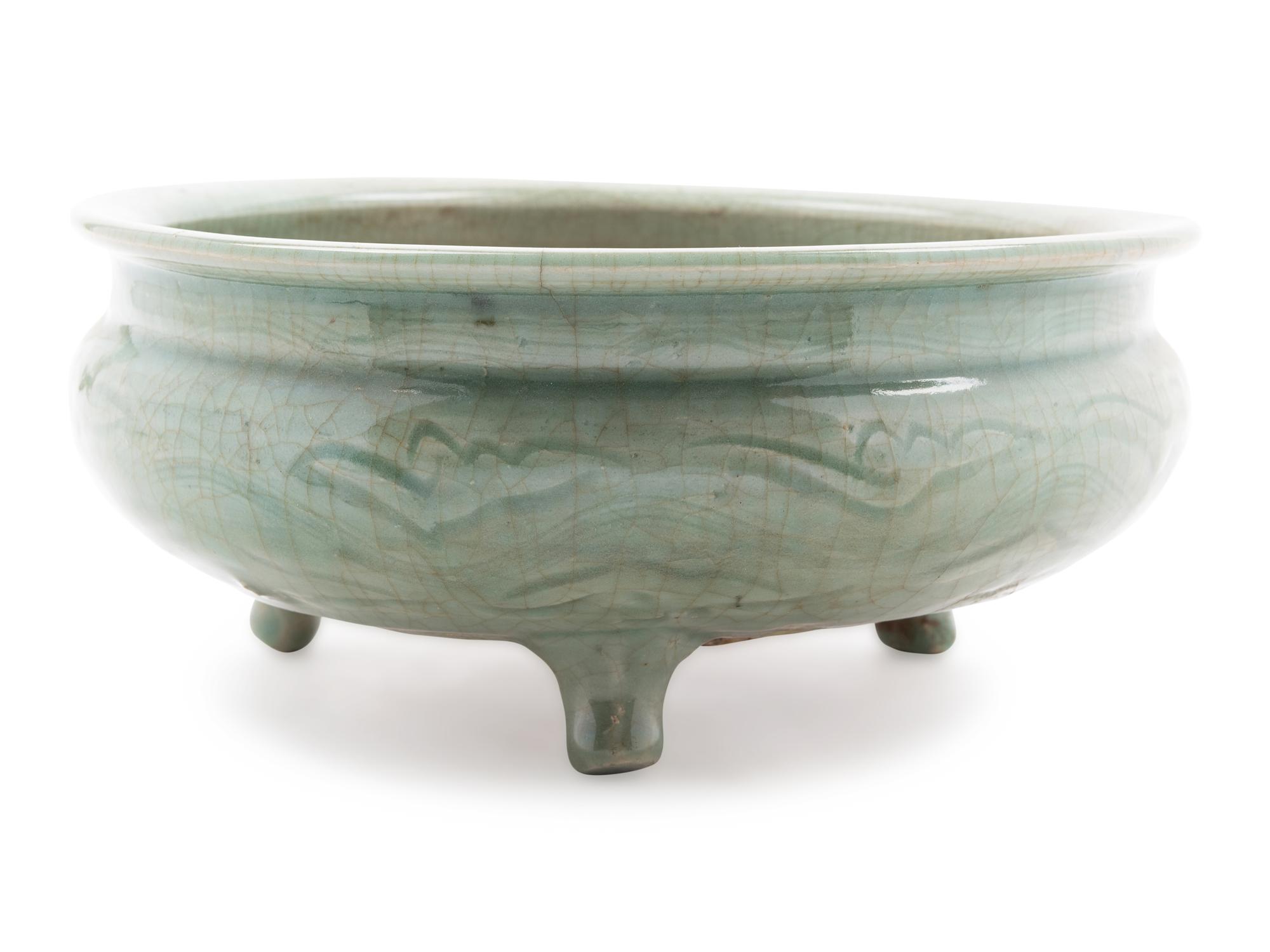 A Large Longquan Celadon Glazed Porcelain Tripod Incense Burner