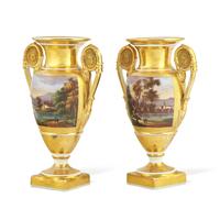 A Pair of Paris Porcelain Gilt and Enamel-Decorated Vases
