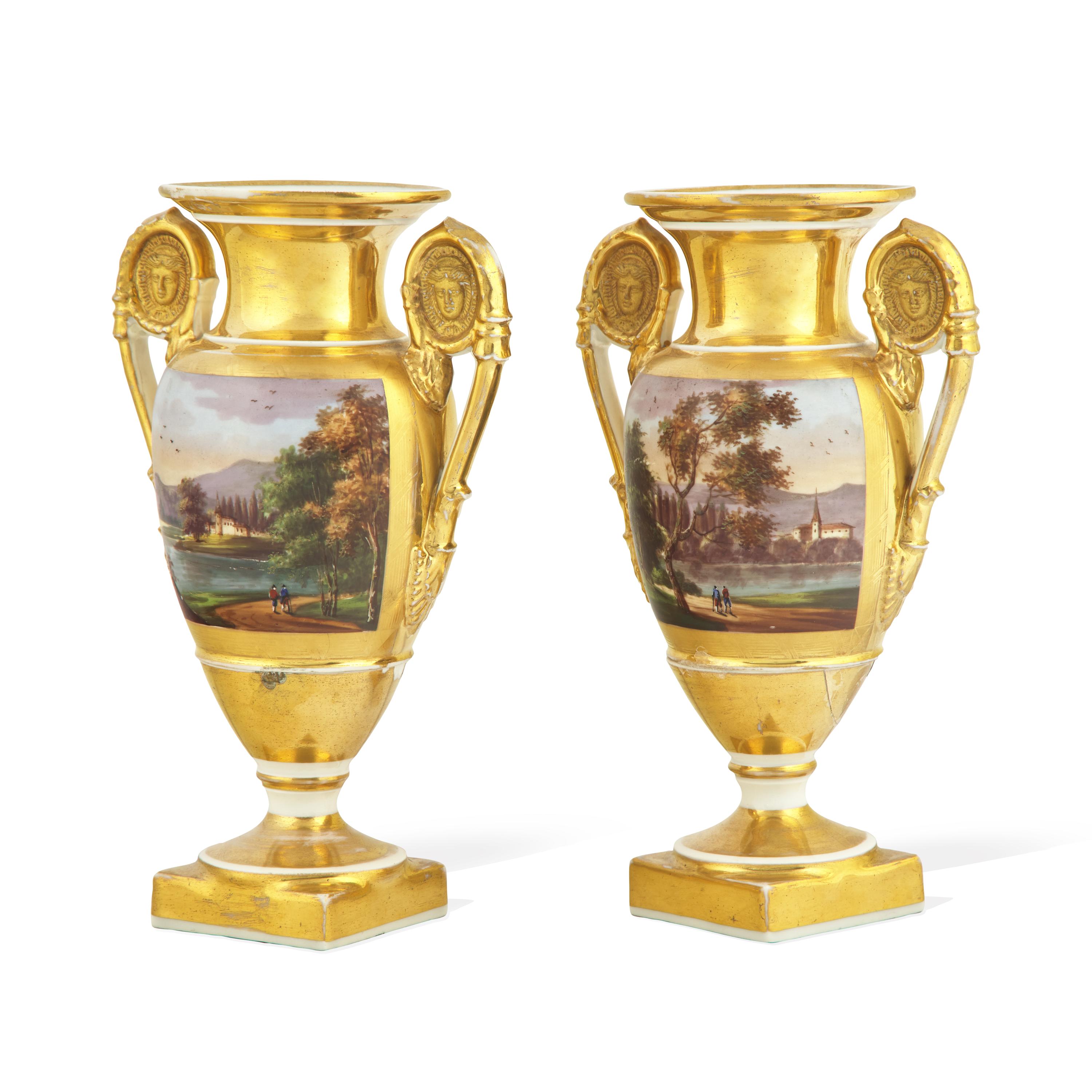 A Pair of Paris Porcelain Gilt and Enamel-Decorated Vases