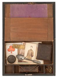 [CIVIL WAR]. Soldier's lap desk containing housewife, stencil, CDVs, and more.