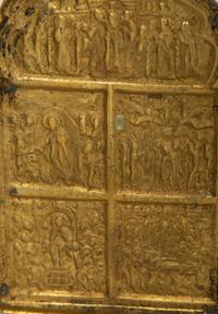 A Painted Russian Icon of Christ Enthroned Surrounded by Saints and a Brass Four-Panel Travel Prayer Icon