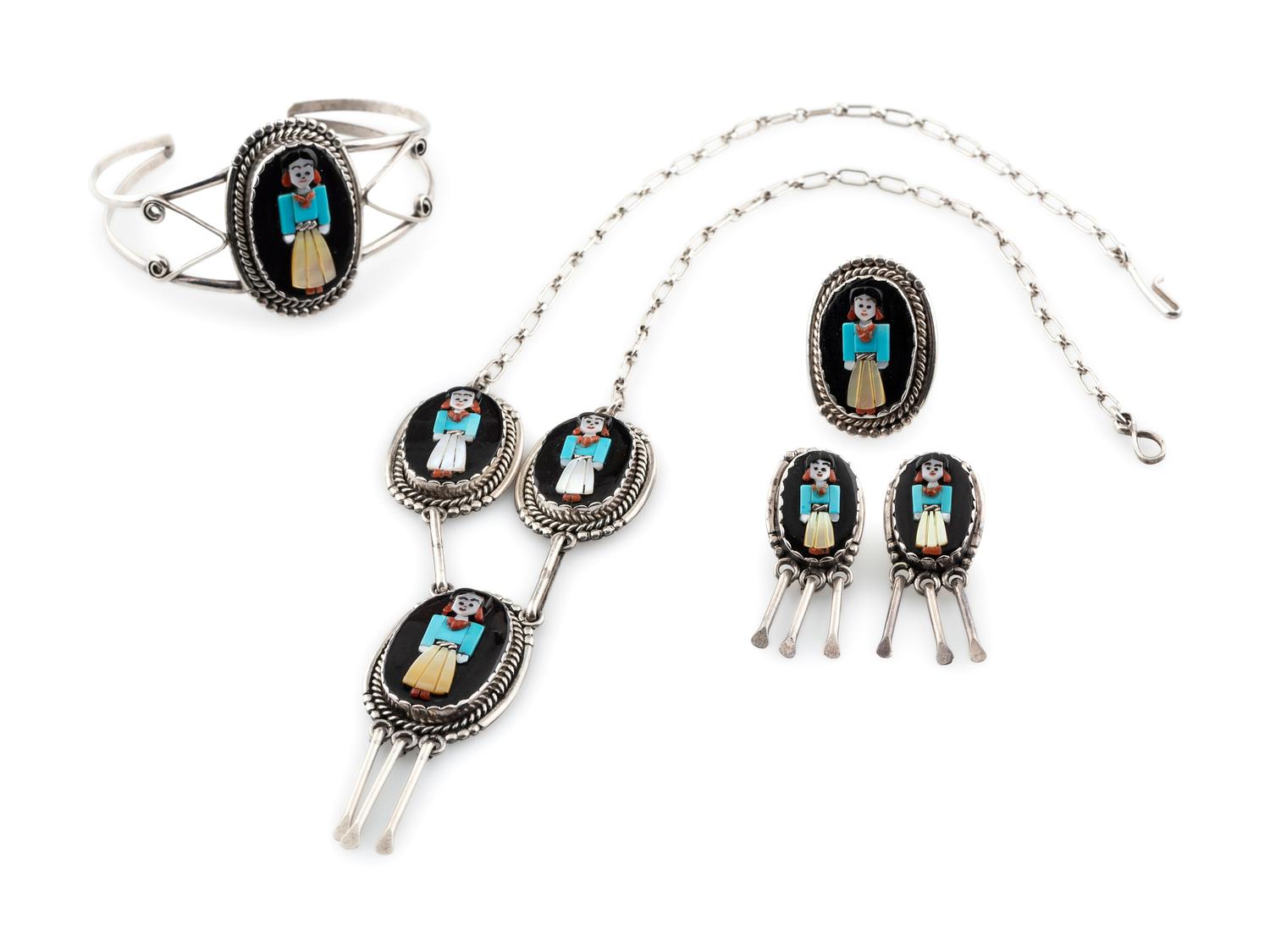 Silver and Mosaic Inlay Figural Suite