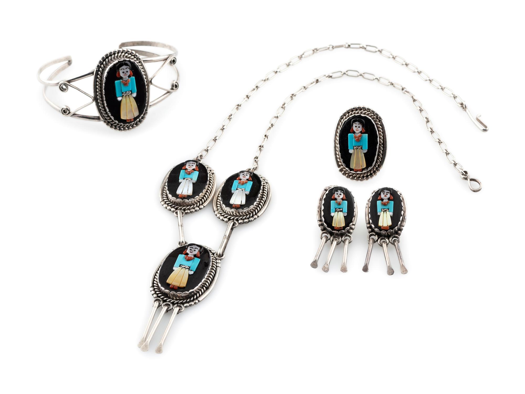 Silver and Mosaic Inlay Figural Suite