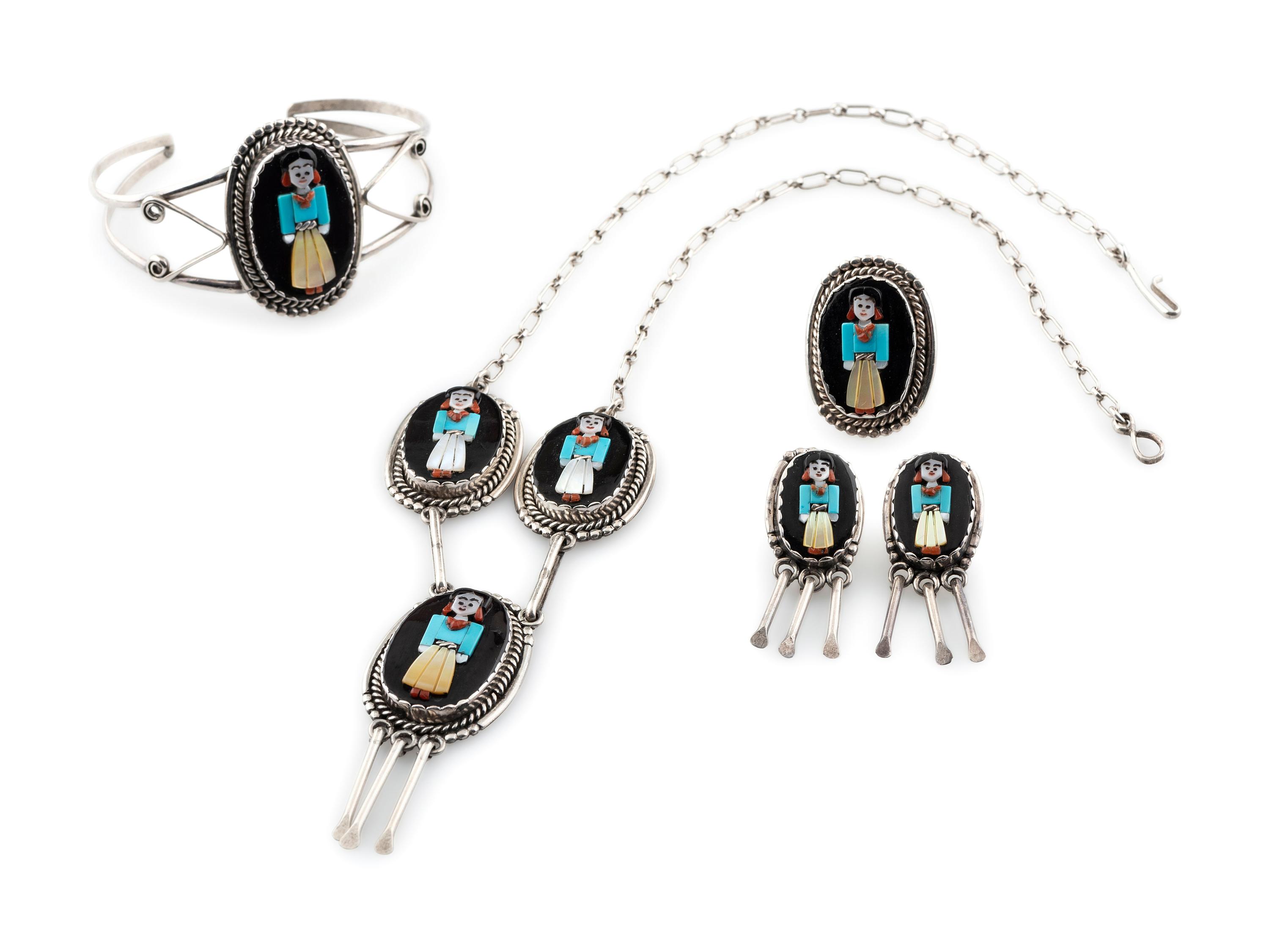 Silver and Mosaic Inlay Figural Suite