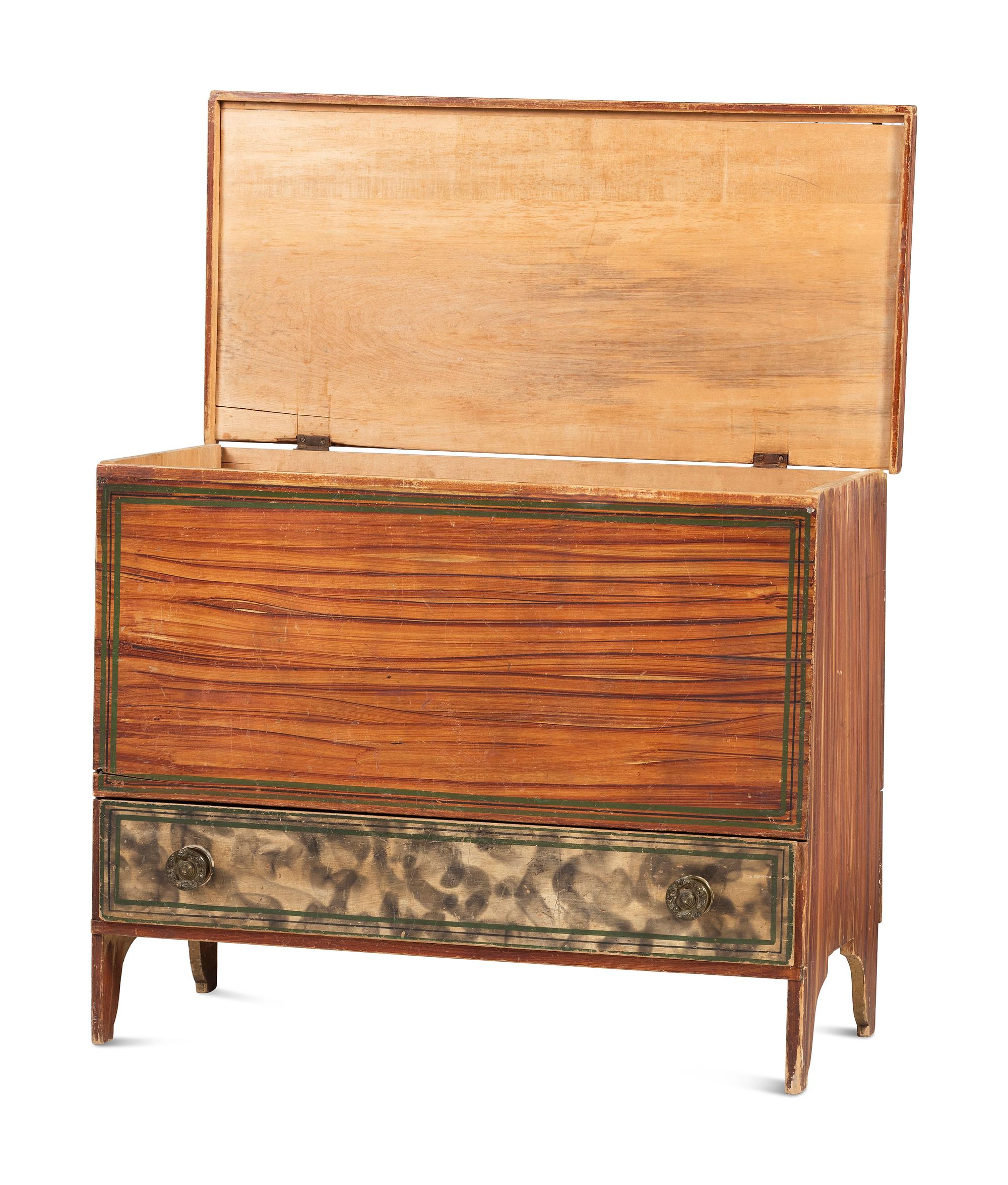 A Country Federal Grain Painted and Smoke-Decorated Maple One-Drawer Blanket Chest