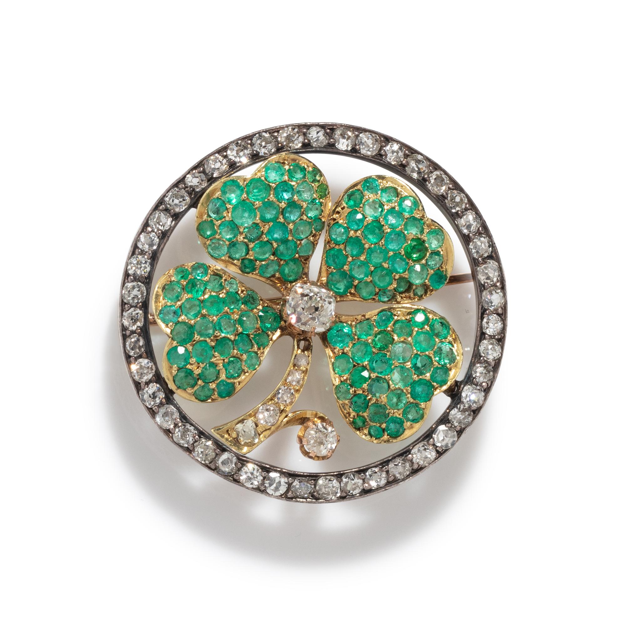 VICTORIAN, DIAMOND AND EMERALD FOUR LEAF CLOVER BROOCH