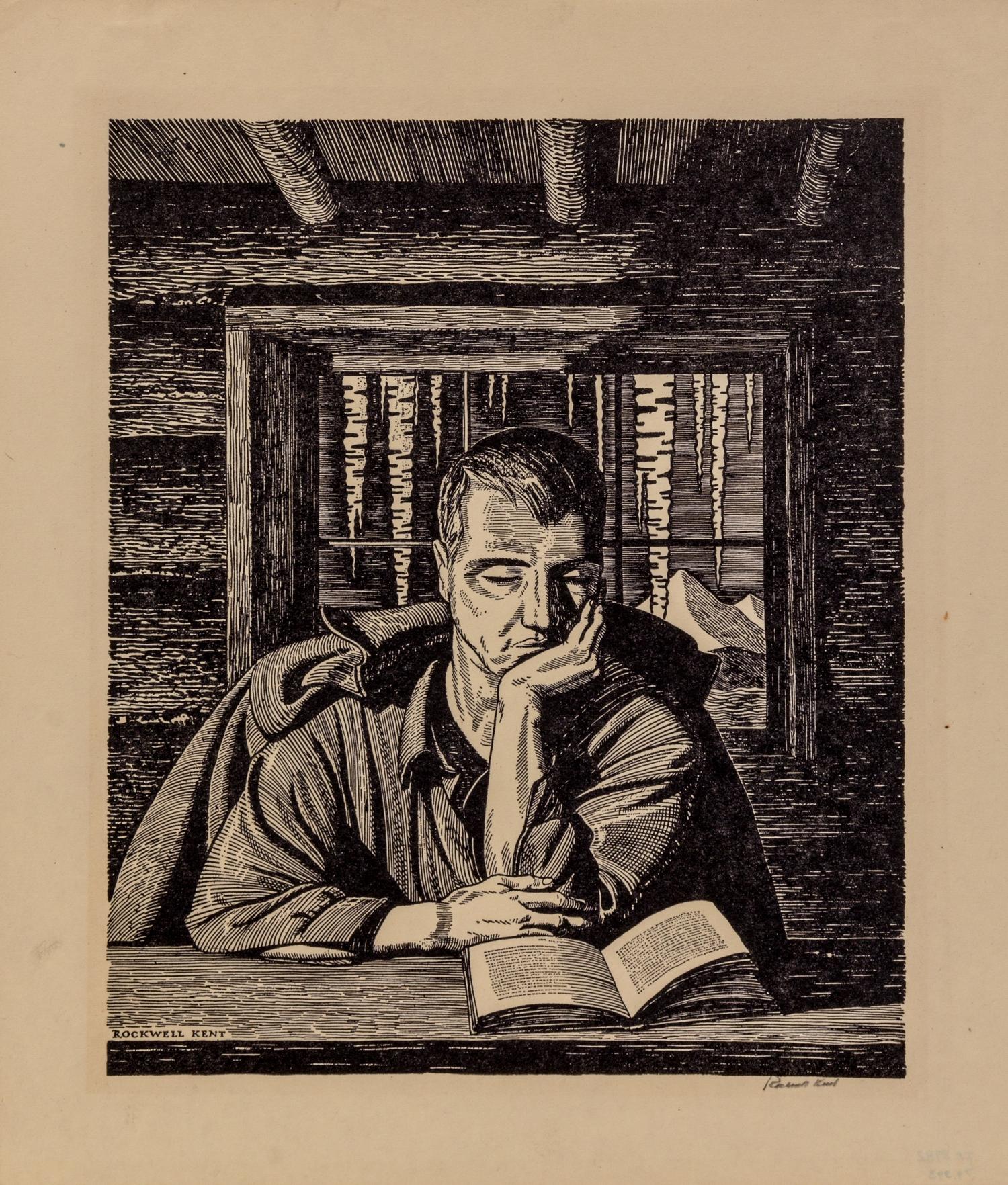 Rockwell Kent, (American, 1882-1971), Man Reading in a Cabin, 1920