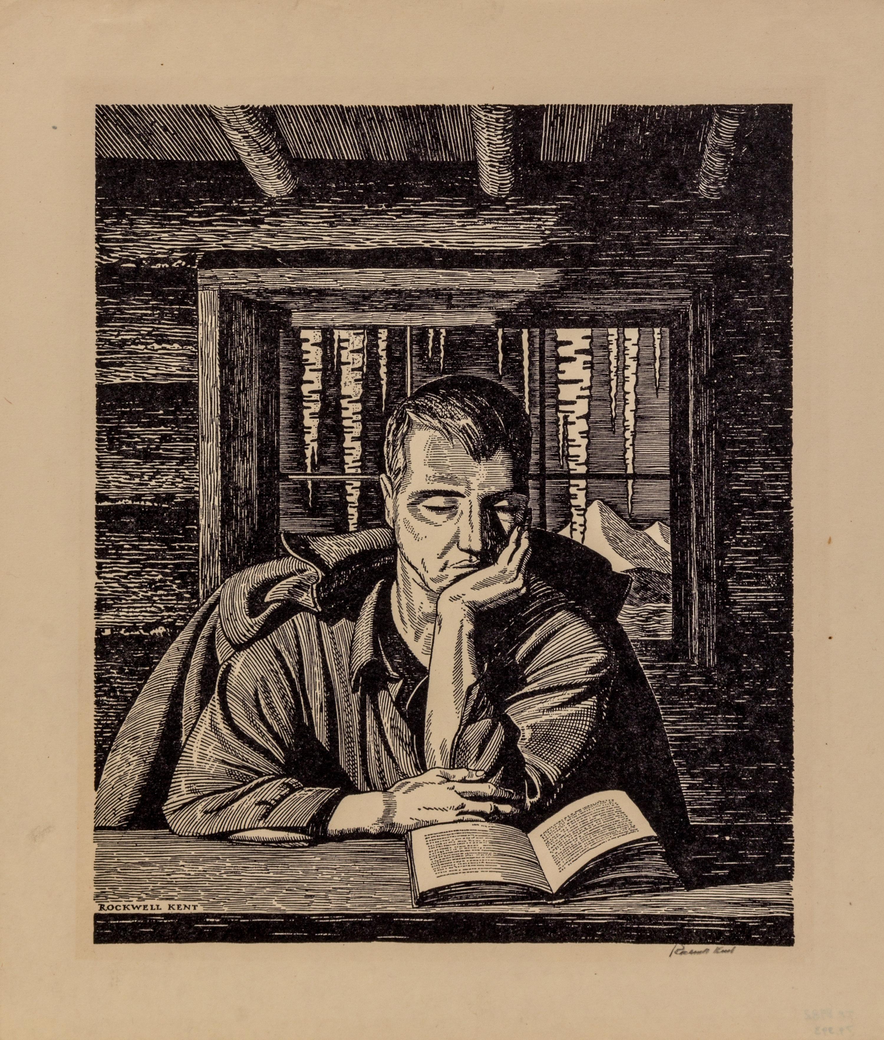 Rockwell Kent, (American, 1882-1971), Man Reading in a Cabin, 1920
