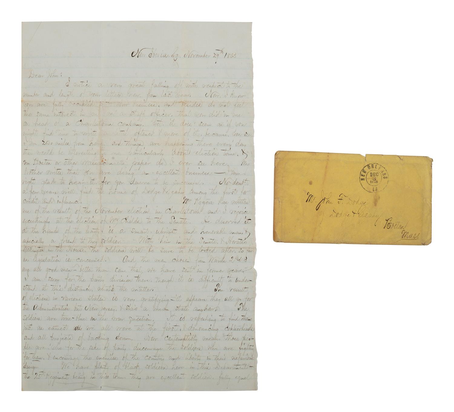 [CIVIL WAR]. Letter from Captain Henry R. Sibley in which he expresses his pro-Emancipation sentiments. New Iberia, Louisiana, 29 November 1863.