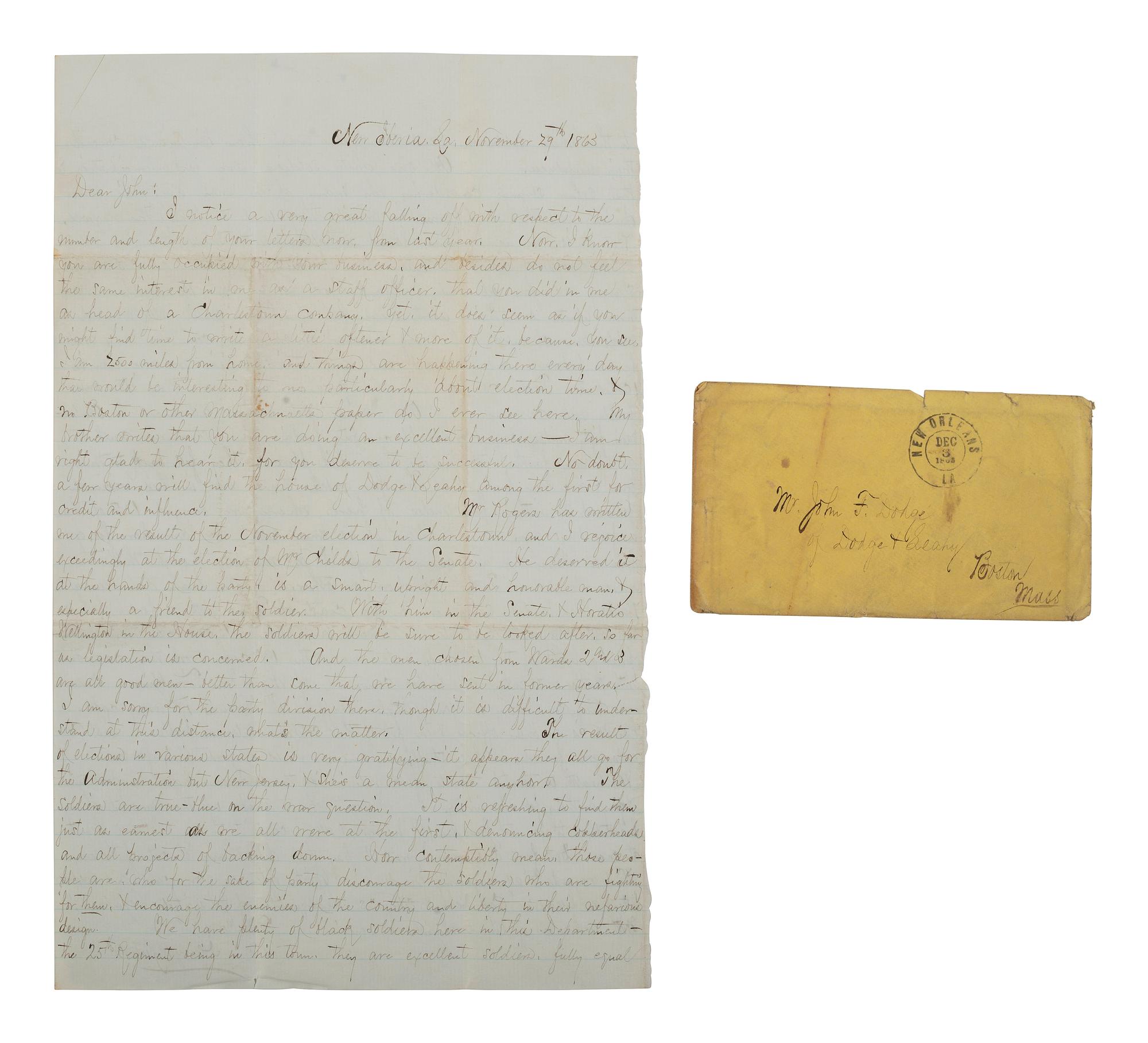 [CIVIL WAR]. Letter from Captain Henry R. Sibley in which he expresses his pro-Emancipation sentiments. New Iberia, Louisiana, 29 November 1863.