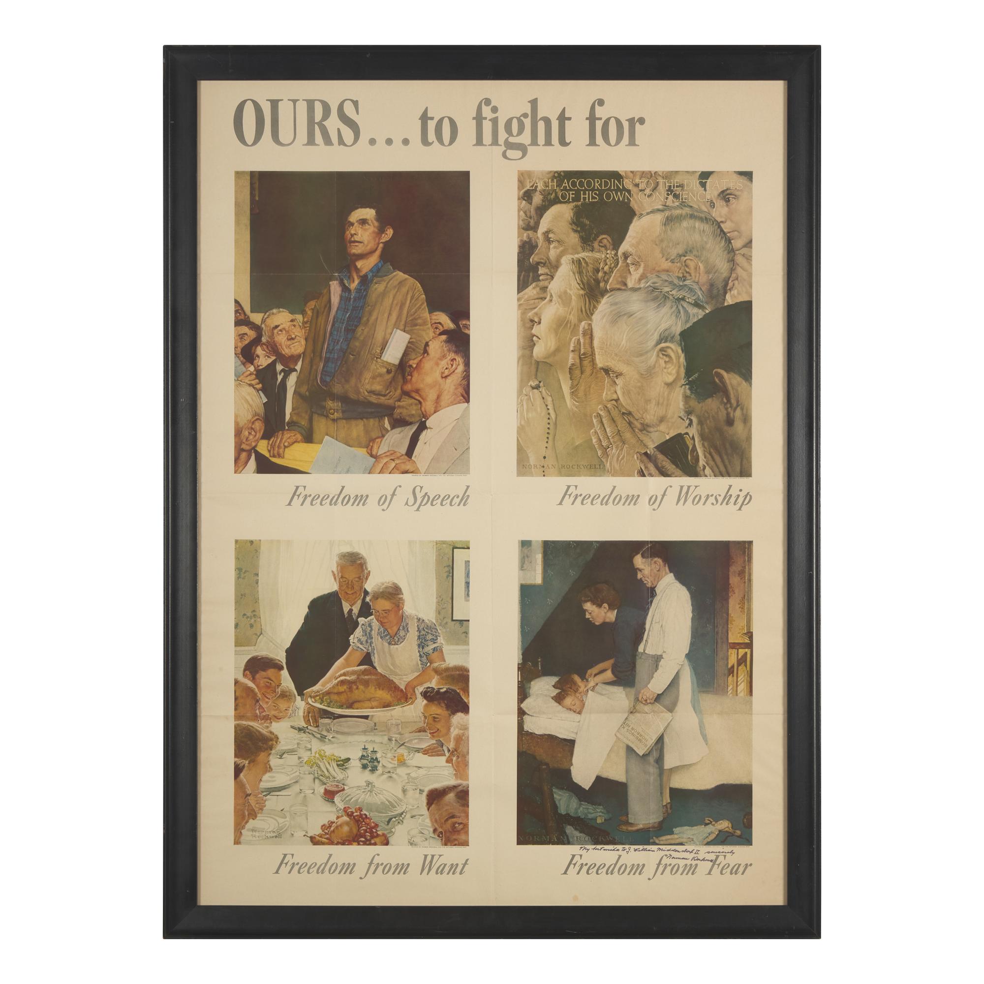 [Americana] Rockwell, Norman. Inscribed Four Freedoms Poster