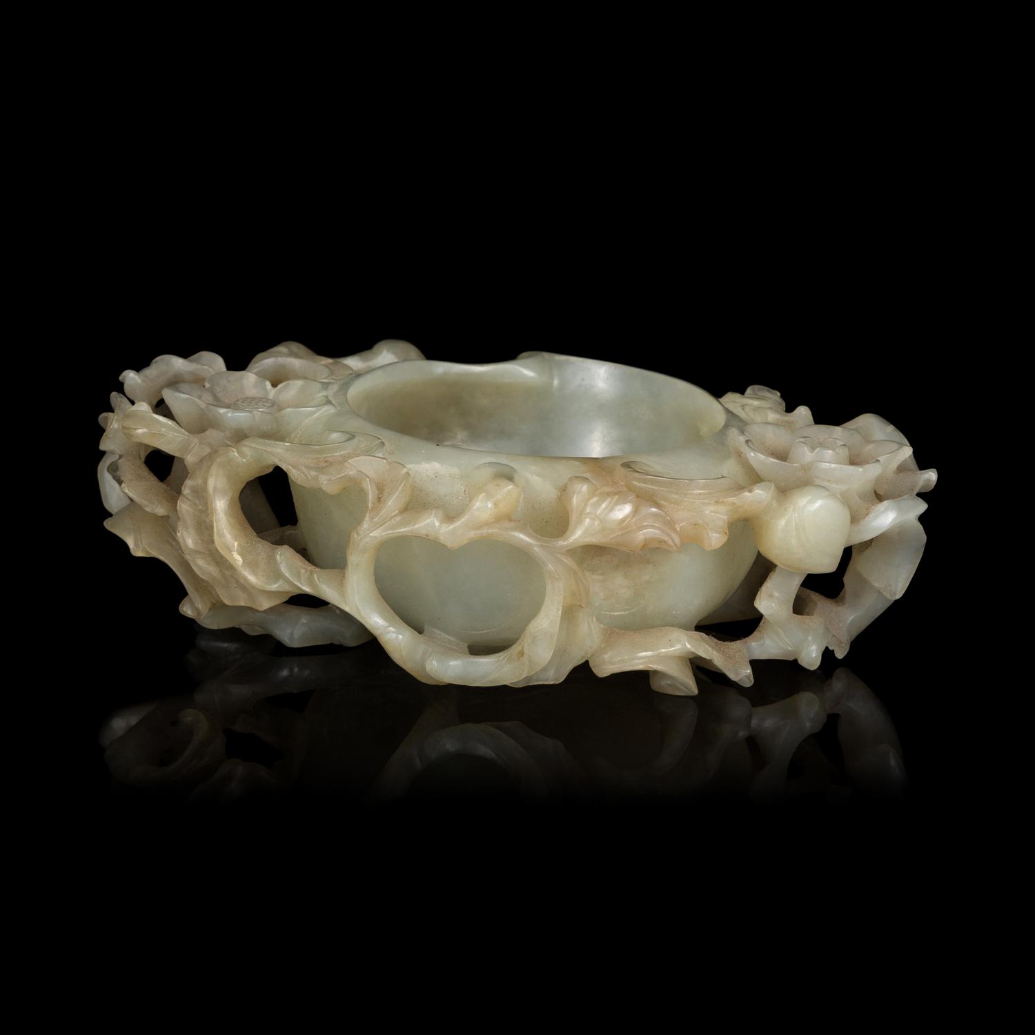 A Chinese Celadon Jade Peach Coupe, Qing Dynasty 清 青玉梅花杯