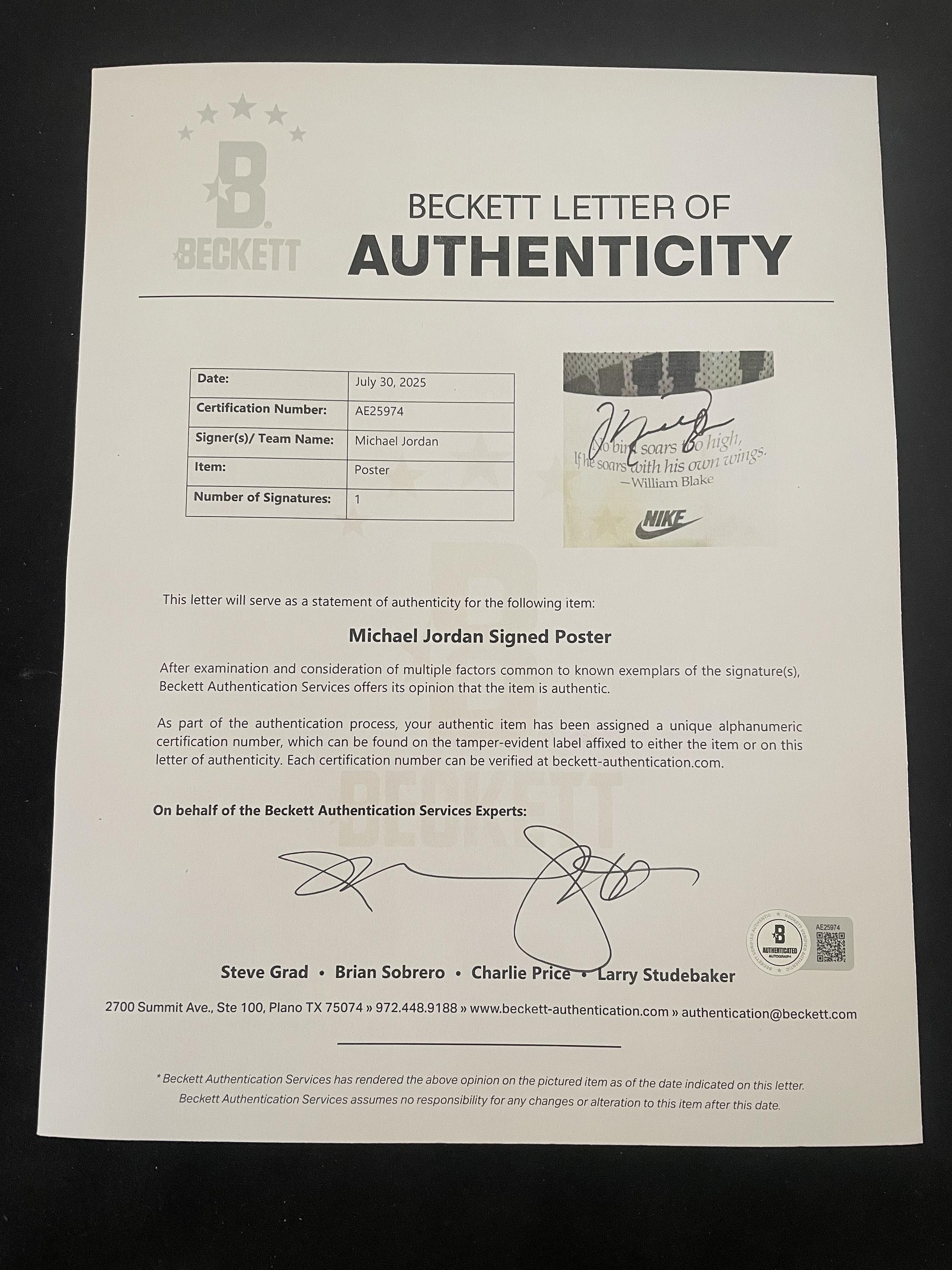 A Michael Jordan Signed Autograph Original Nike Wings Poster (Beckett Authentication Services Letter)